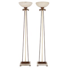 Pair of 20th Century Alabaster, Gilt Metal and Iron Floor Lamps