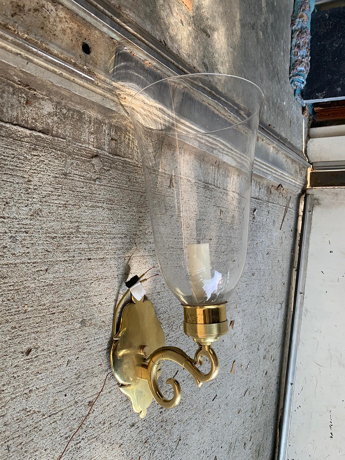 Pair of 20th Century American Brass Sconces with Hurricanes, Marked Ball & Ball In Good Condition In Atlanta, GA