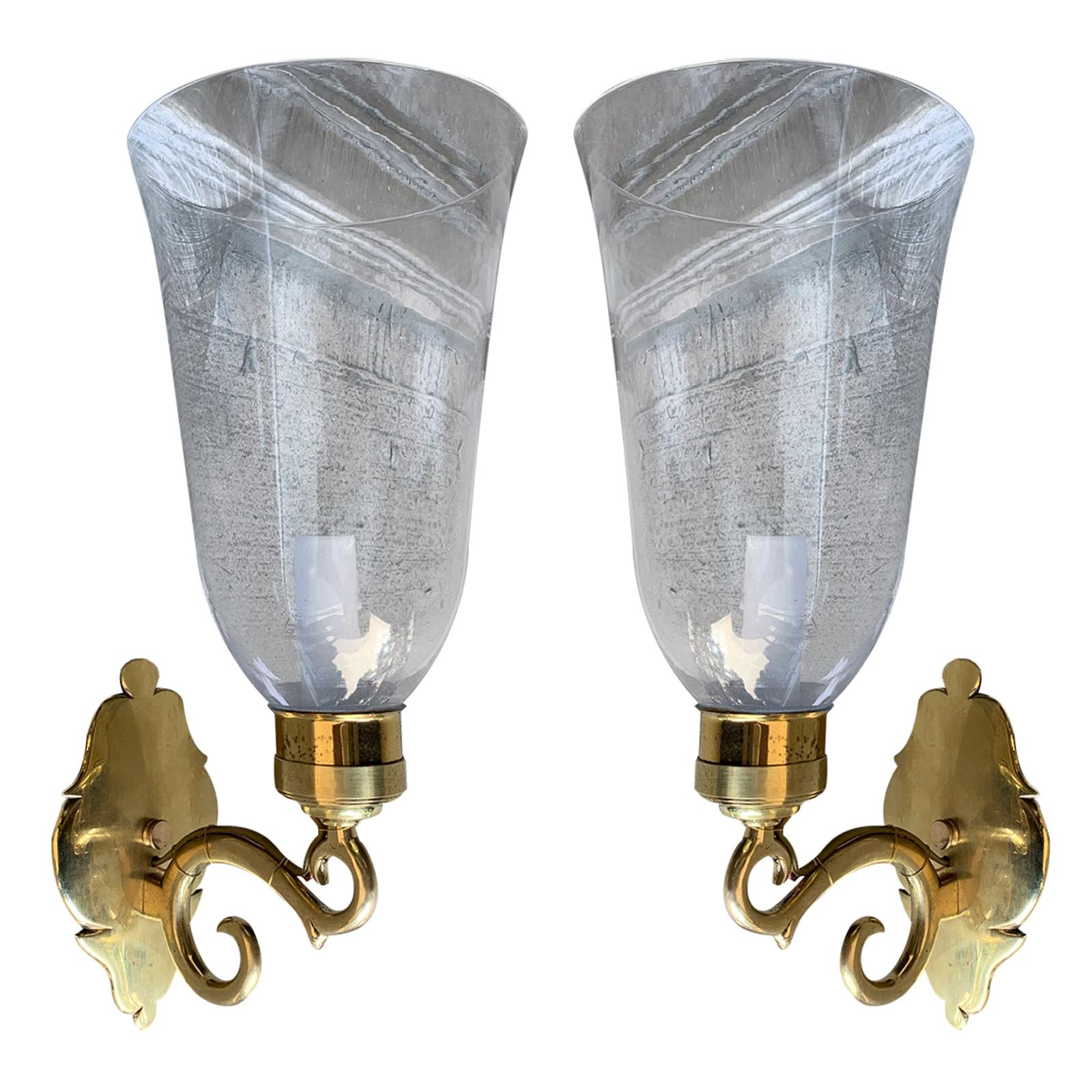 Pair of 20th Century American Brass Sconces with Hurricanes, Marked Ball & Ball