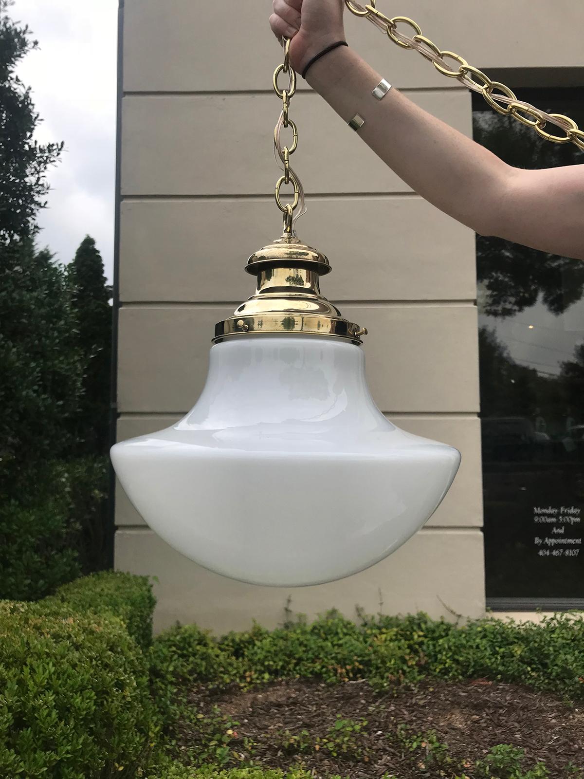 Pair of 20th century american milk glass pendant & brass hanging light fixtures
brand new wiring.