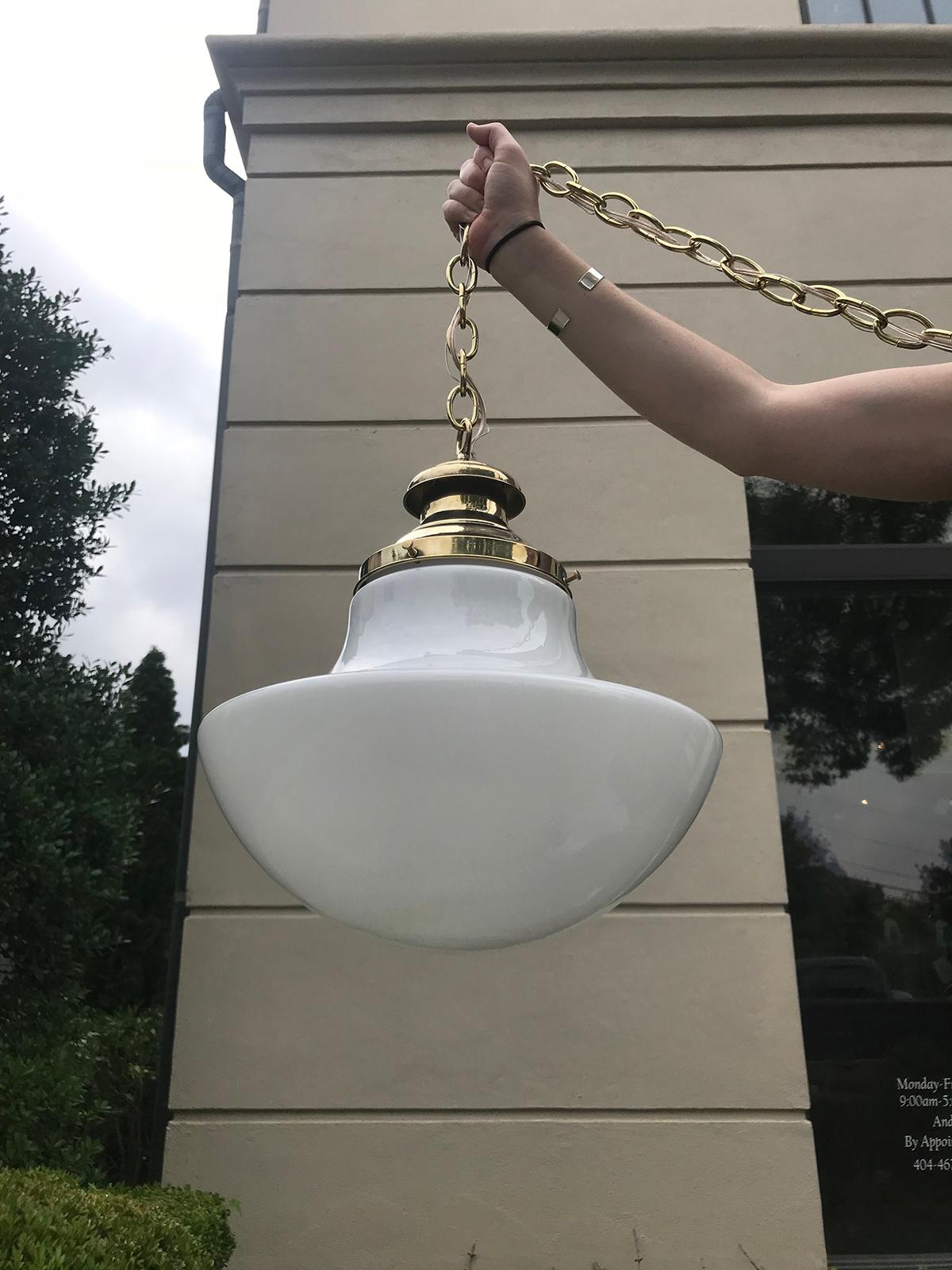 Pair of 20th Century American Milk Glass Pendant & Brass Hanging Light Fixtures In Good Condition In Atlanta, GA