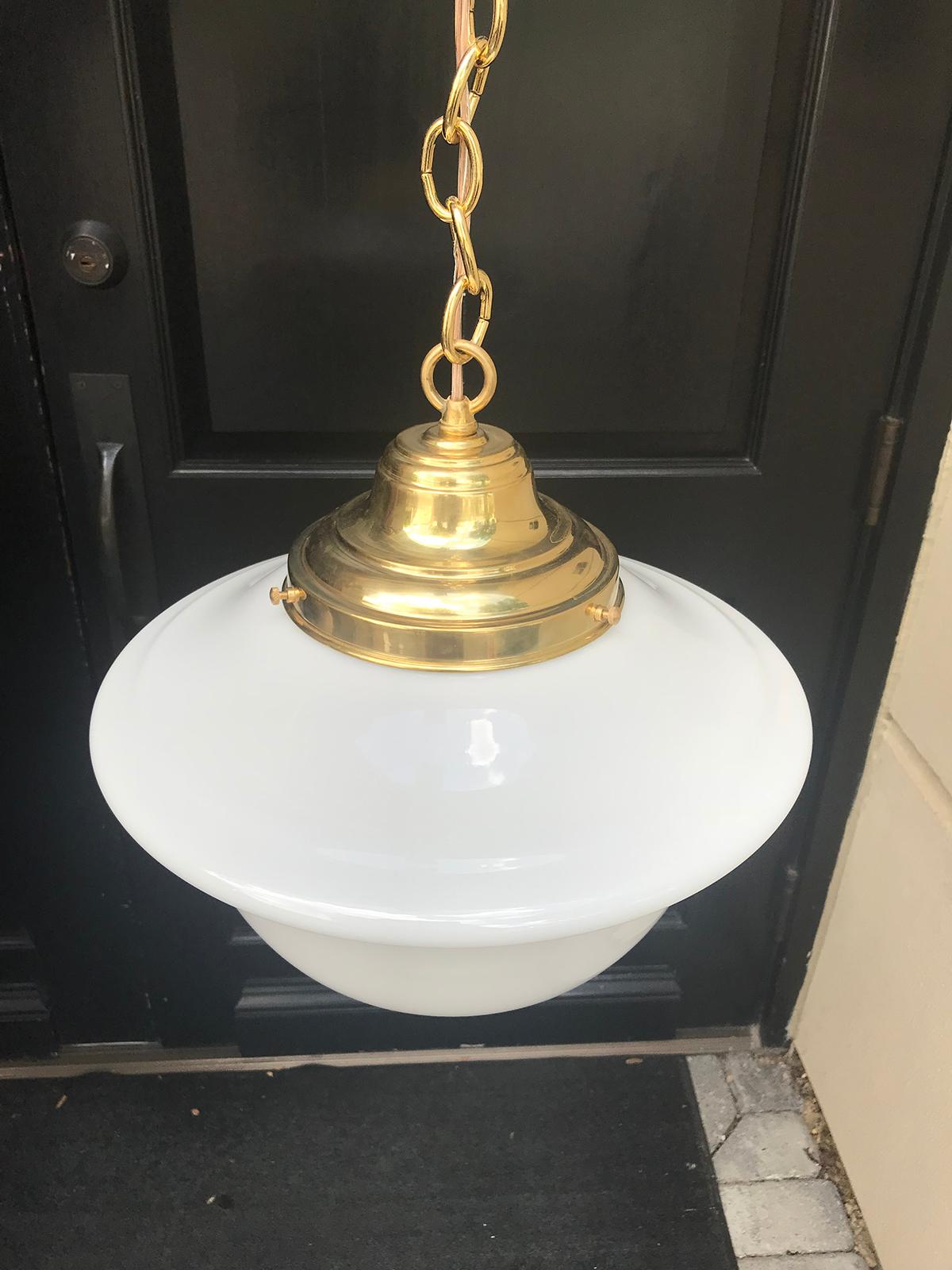 Pair of 20th Century American Milk Glass Pendant & Brass Hanging Light Fixtures In Good Condition In Atlanta, GA