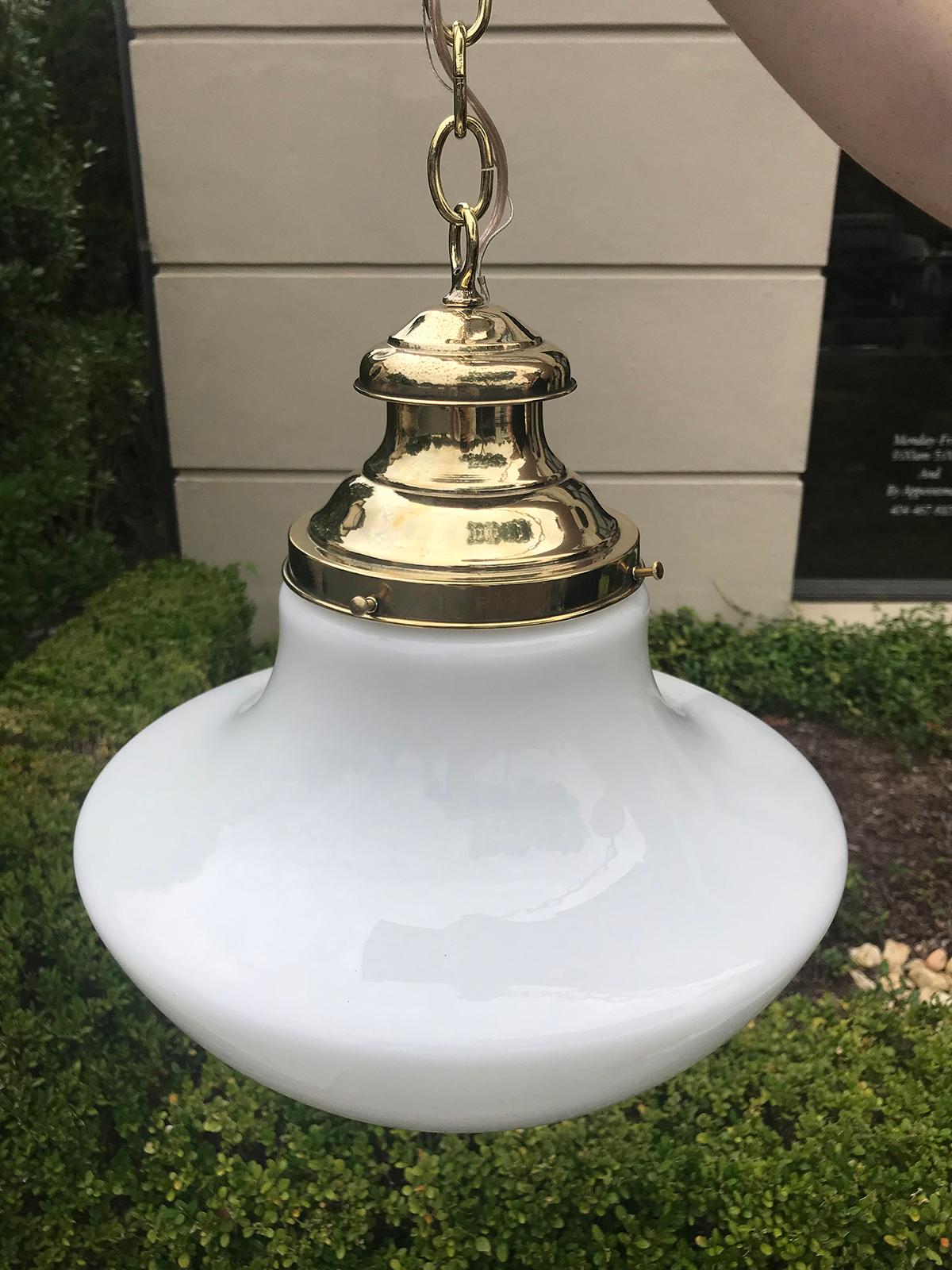 Pair of 20th Century American Milk Glass Pendant & Brass Hanging Light Fixtures 1