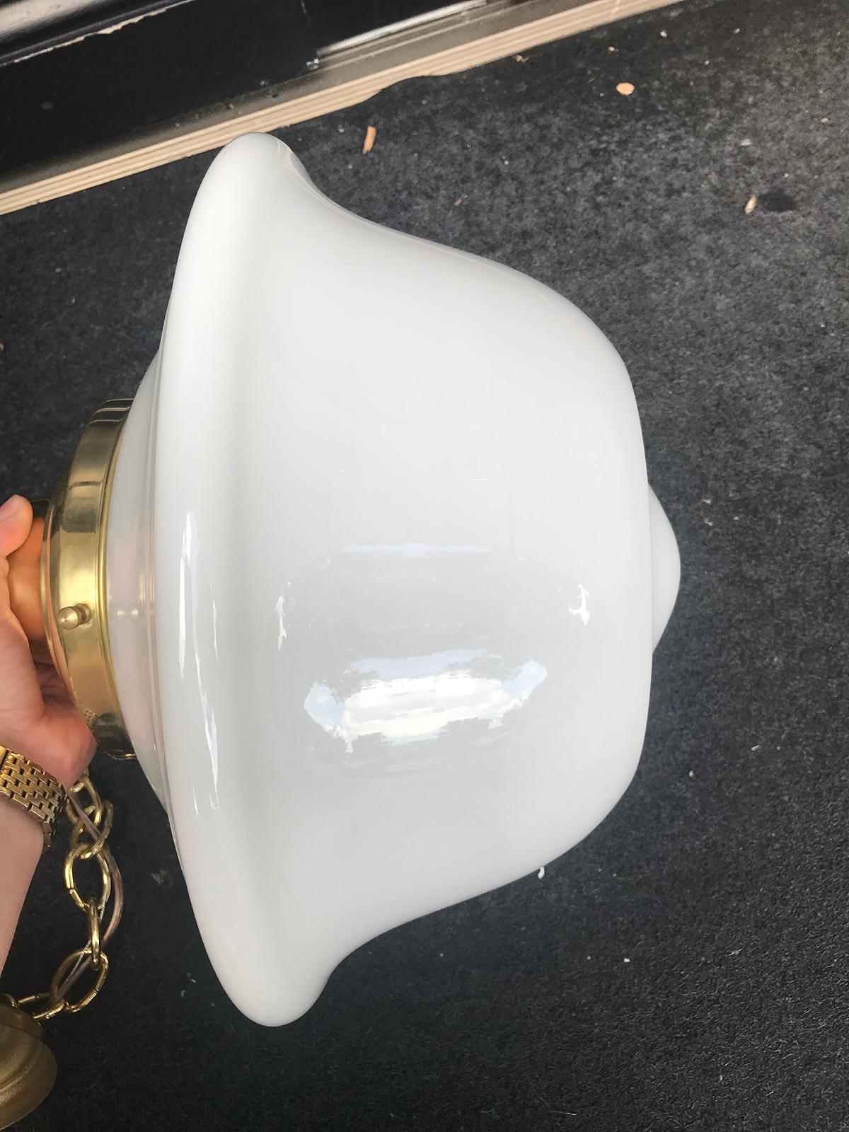 Pair of 20th Century American Milk Glass Pendant & Brass Hanging Light Fixtures 4