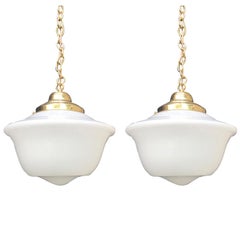 Pair of 20th Century American Milk Glass Pendant & Brass Hanging Light Fixtures