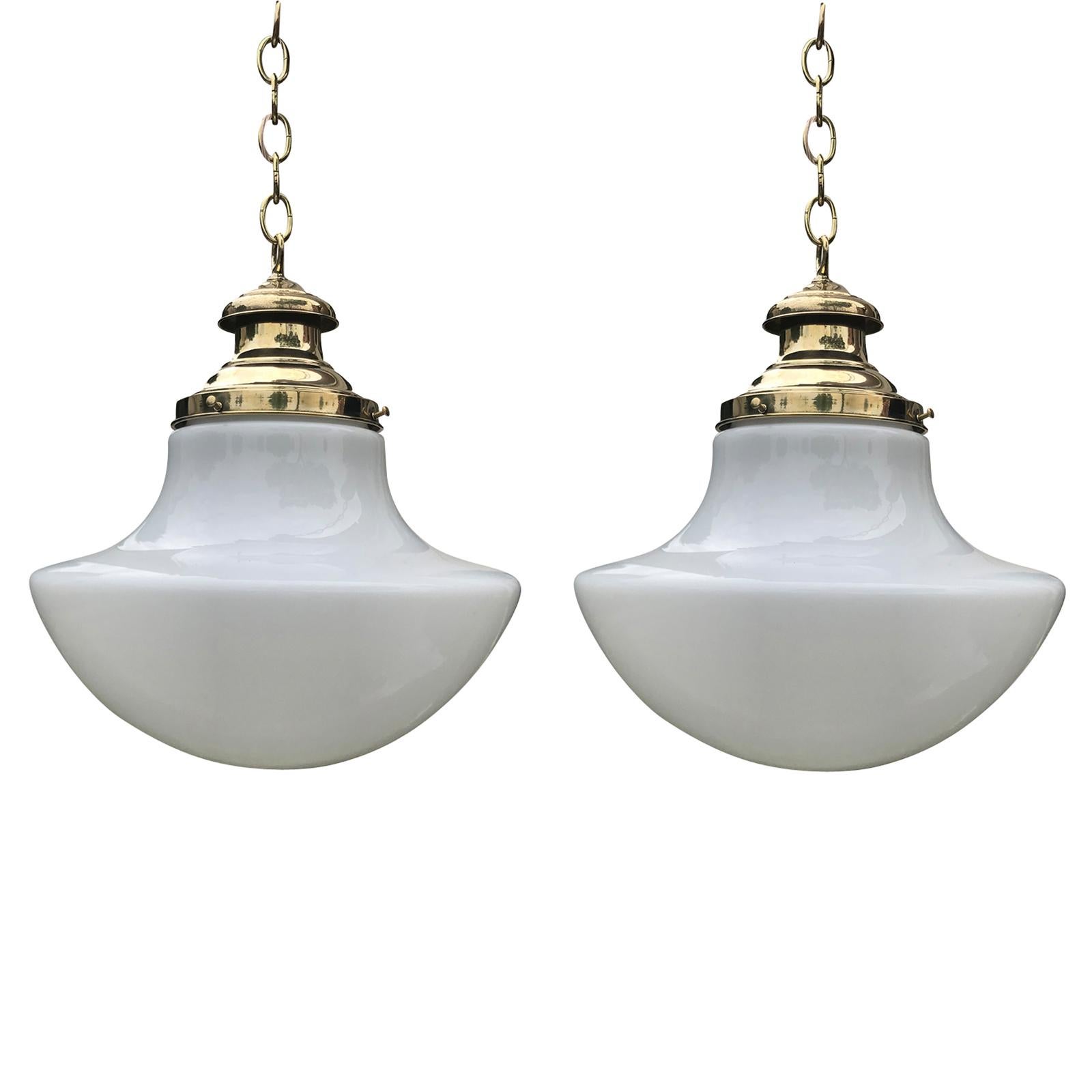 Pair of 20th Century American Milk Glass Pendant & Brass Hanging Light Fixtures