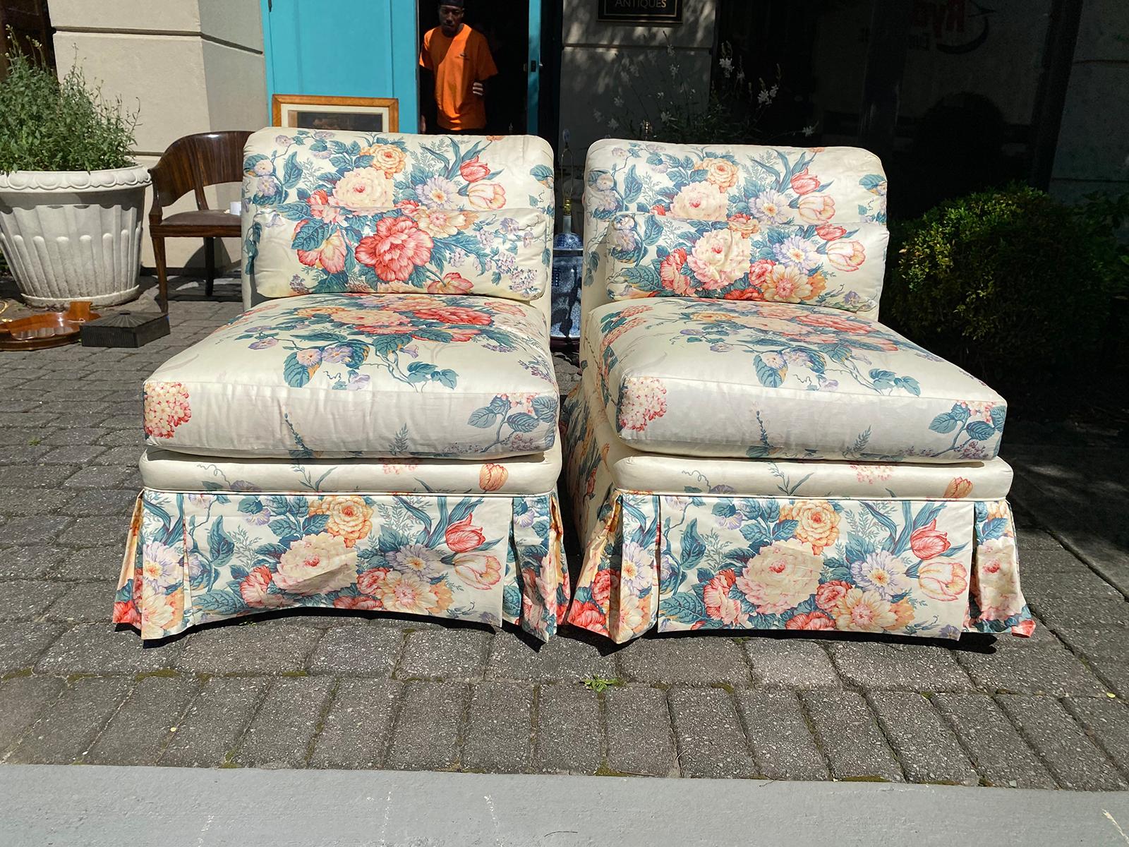 Pair of 20th century American slipper chairs upholstered by Mario Buatta
with seat cushion & bolster pillow
Seat height with seat cushion is 19