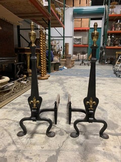 Pair of 20th Century Andirons with Brass Fleur-de-Lis and Urn Finial