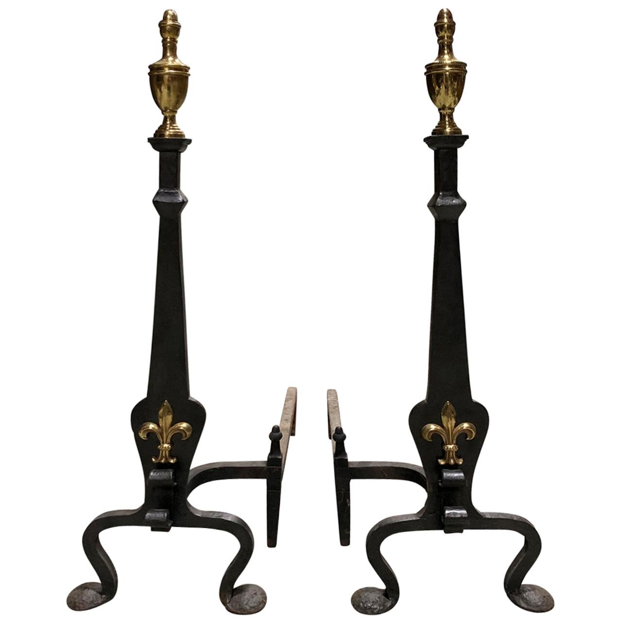 Pair of 20th Century Andirons with Brass Fleur-de-Lis and Urn Finial For Sale