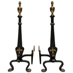 Pair of 20th Century Andirons with Brass Fleur-de-Lis and Urn Finial