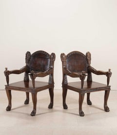 Pair of 20th Century Anglo-Indian Carved Open Armchairs