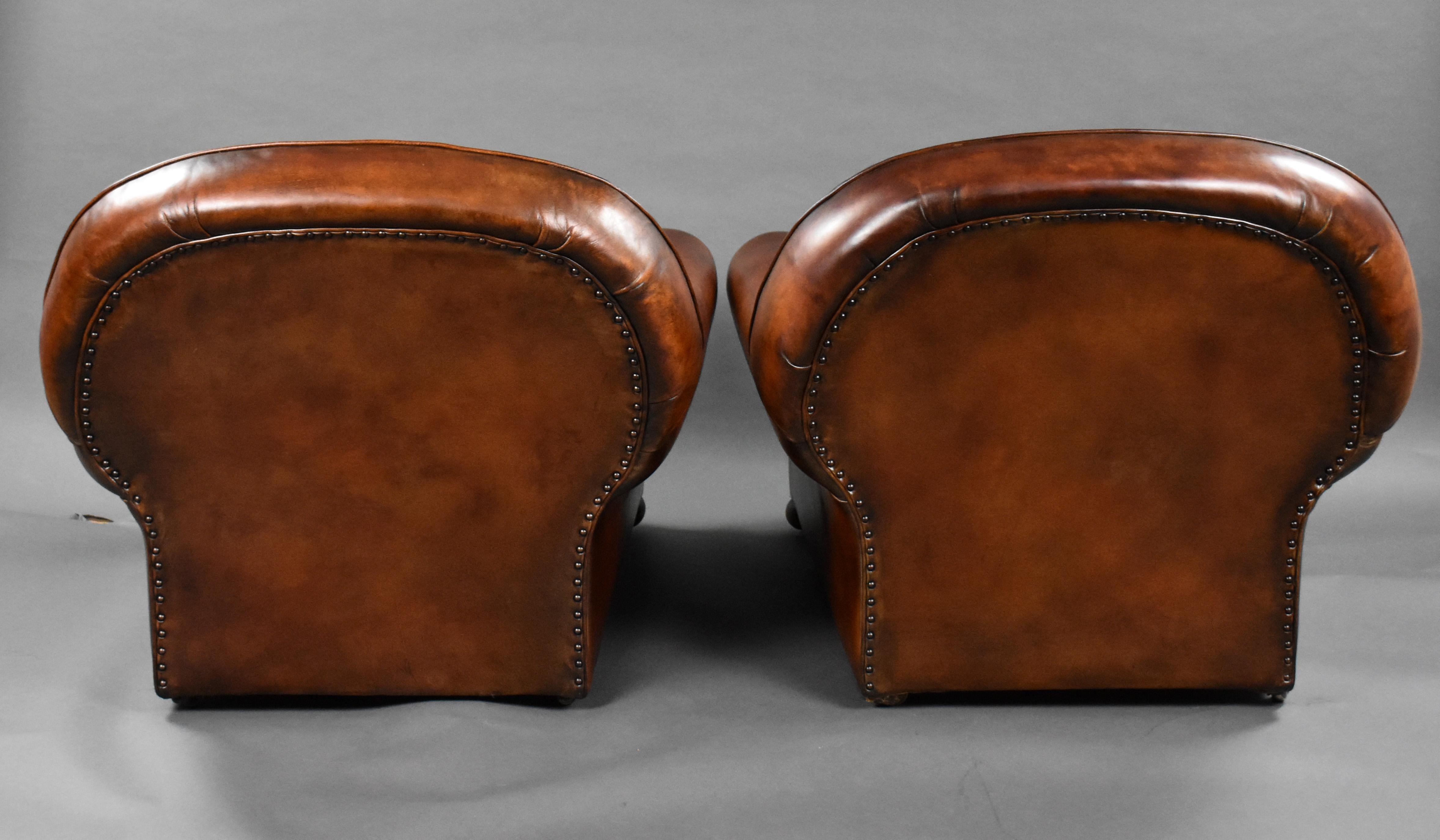 English Pair of 20th Century Antique Hand Dyed Leather Club Chairs