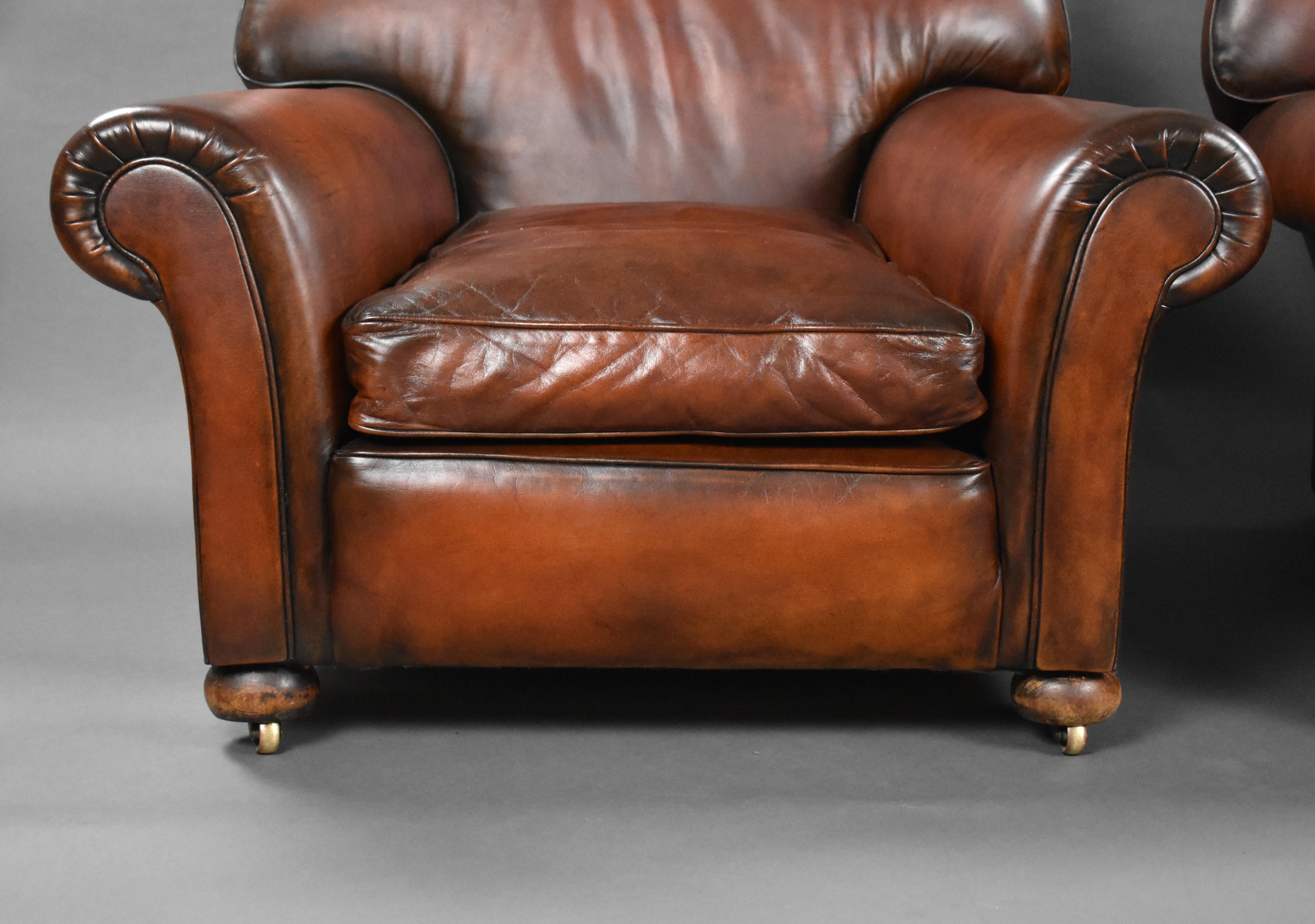 Pair of 20th Century Antique Hand Dyed Leather Club Chairs In Good Condition In Chelmsford, Essex