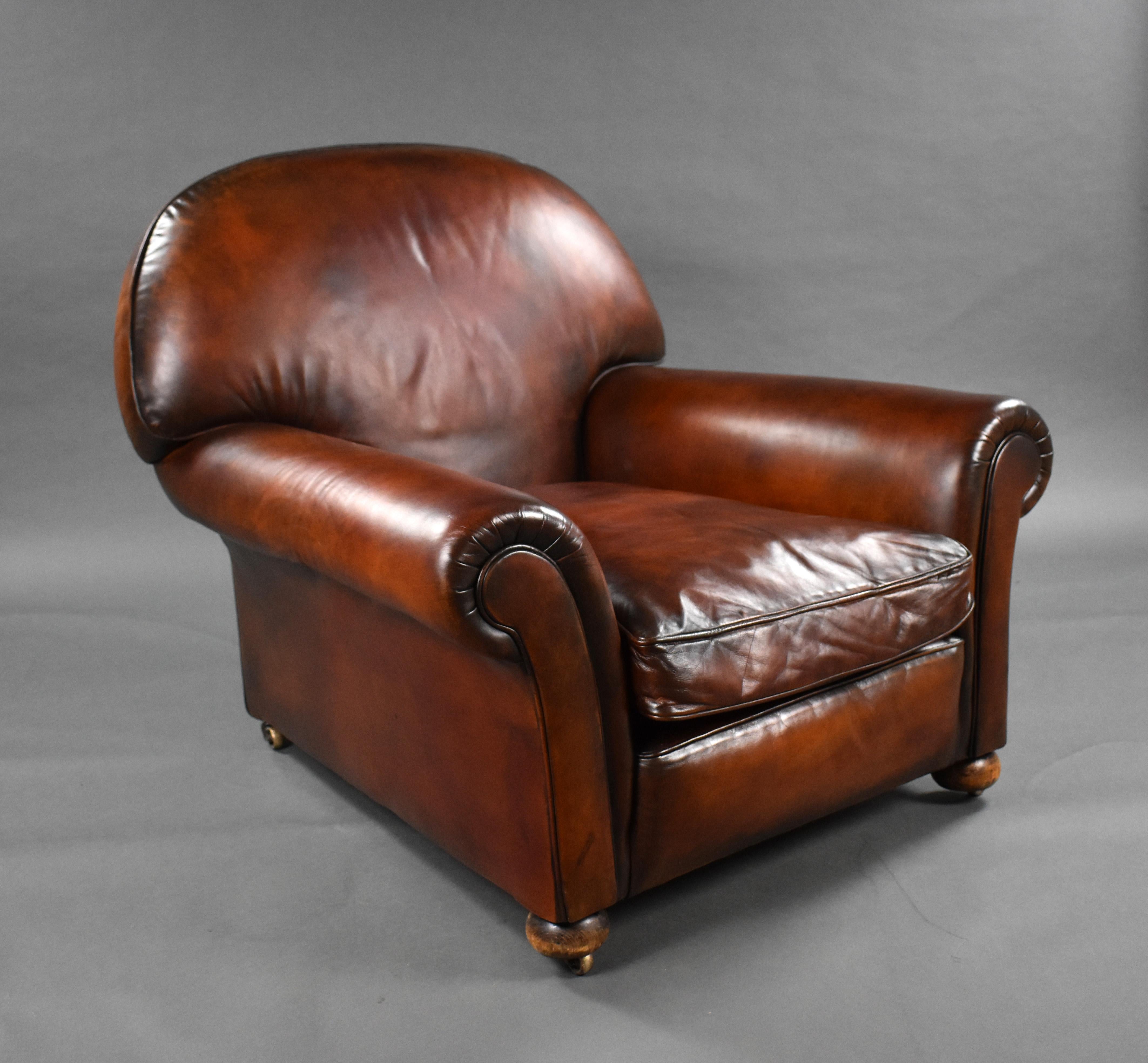 19th Century Pair of 20th Century Antique Hand Dyed Leather Club Chairs