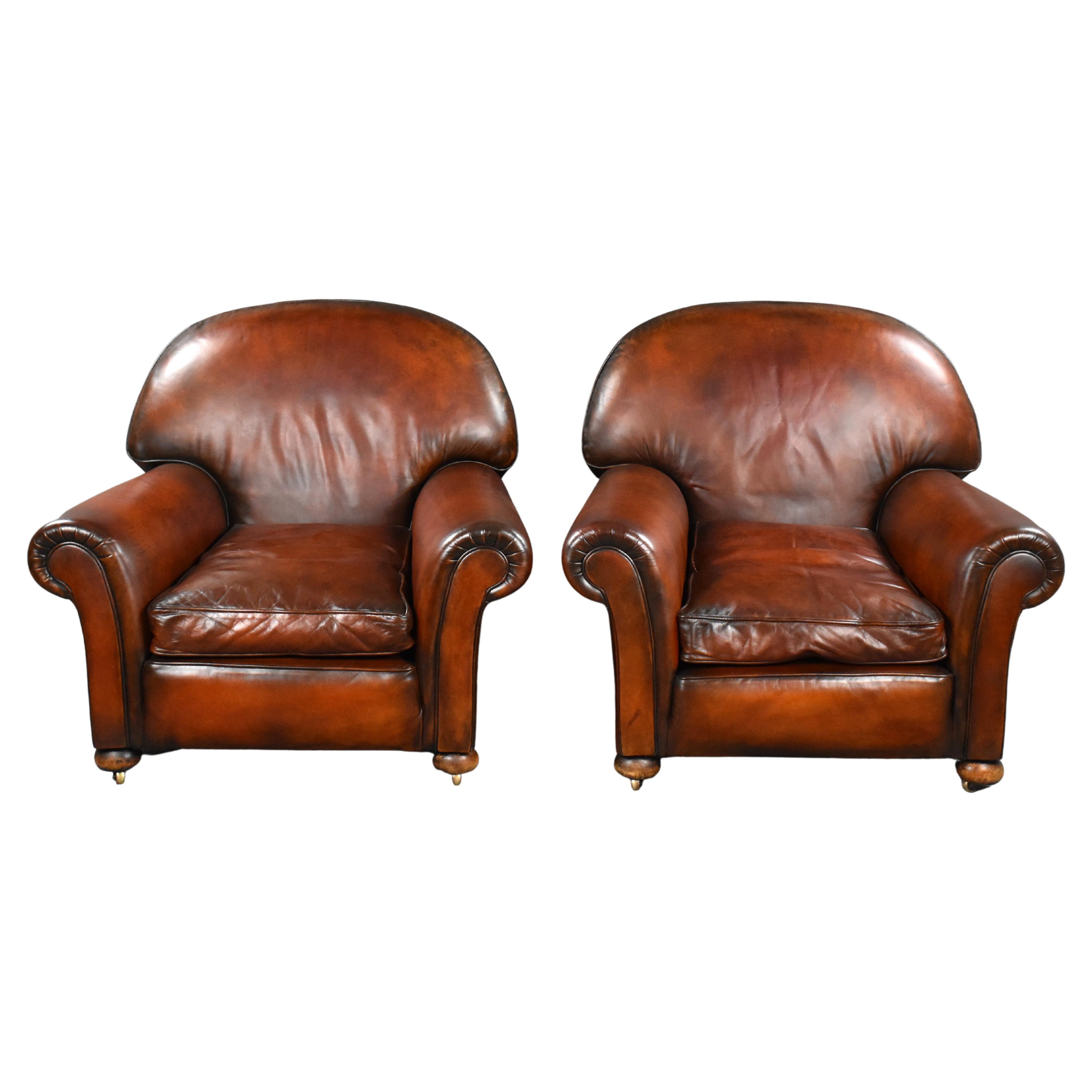 Pair of 20th Century Antique Hand Dyed Leather Club Chairs