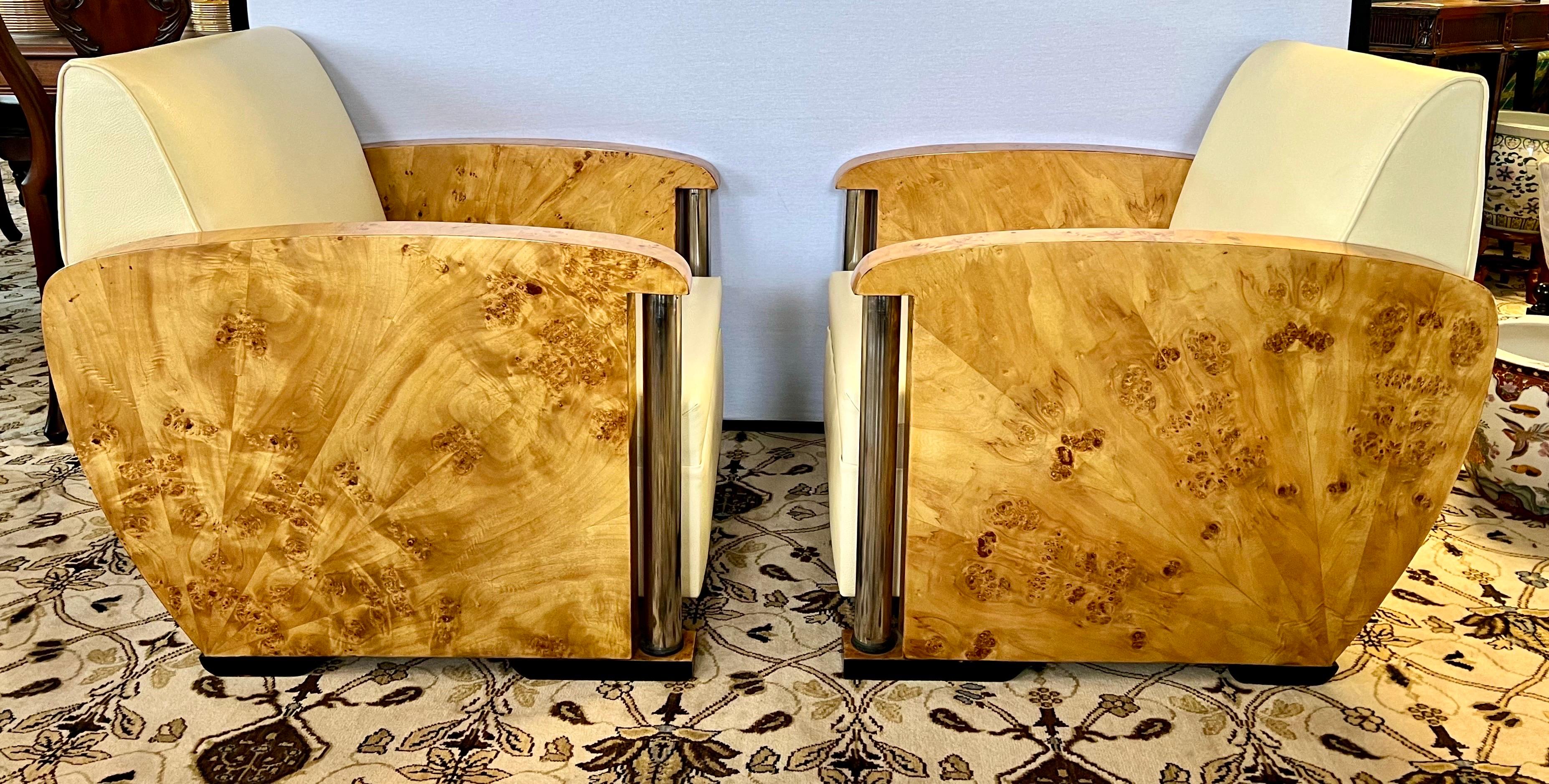 Pair of 20th Century Art Deco Burlwood Leather Club Chairs 1