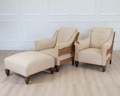 Pair of 20th Century Art Deco Club Chairs with Matching Stool, To Upholster