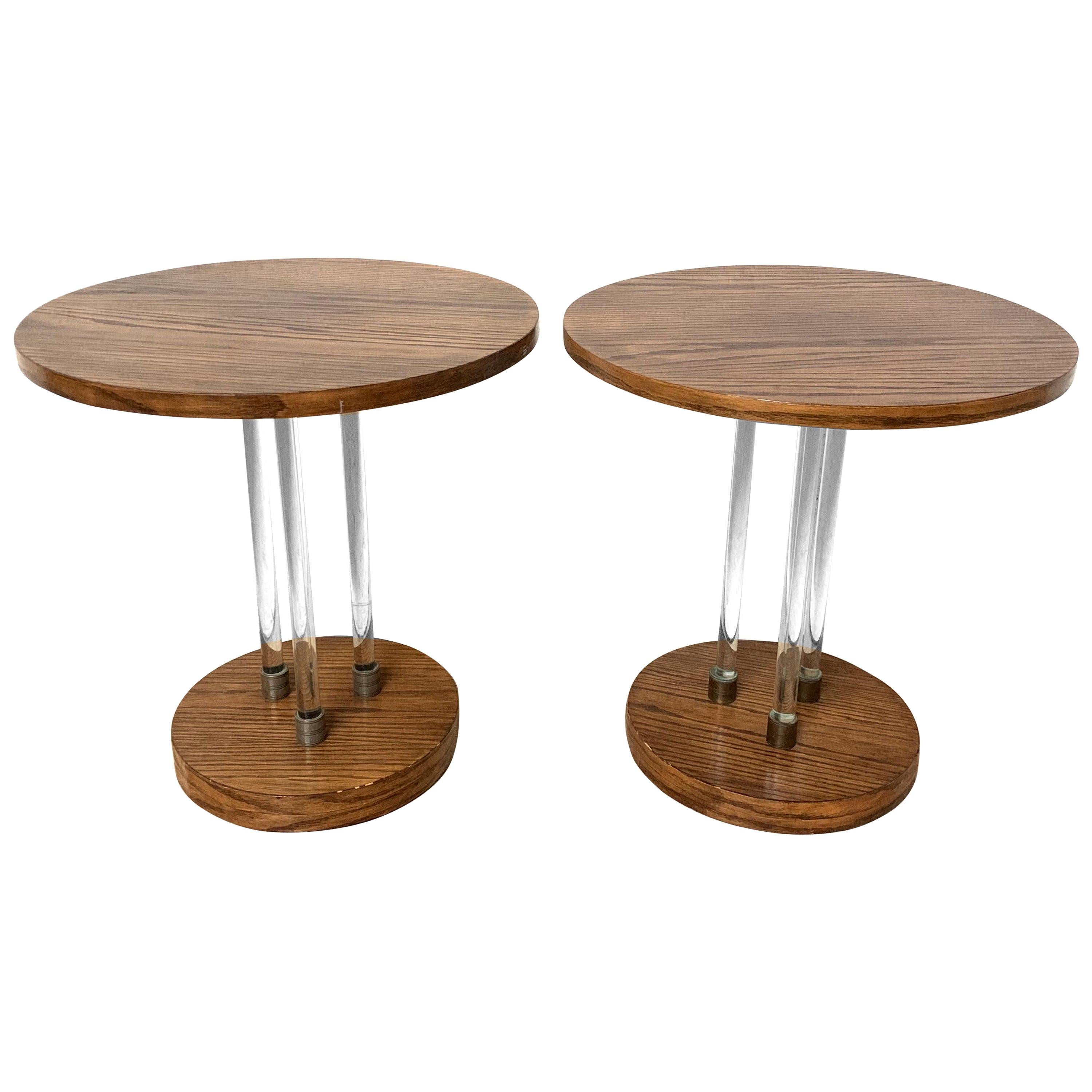 Pair of 20th Century Art Deco Oak and Glass Side or End Tables, France, 1930s
