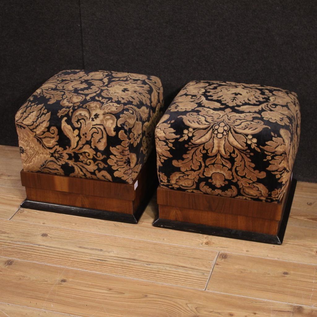 Pair of 20th Century Art Deco Wood and Fabric Italian Poufs Footstools, 1930s For Sale 2