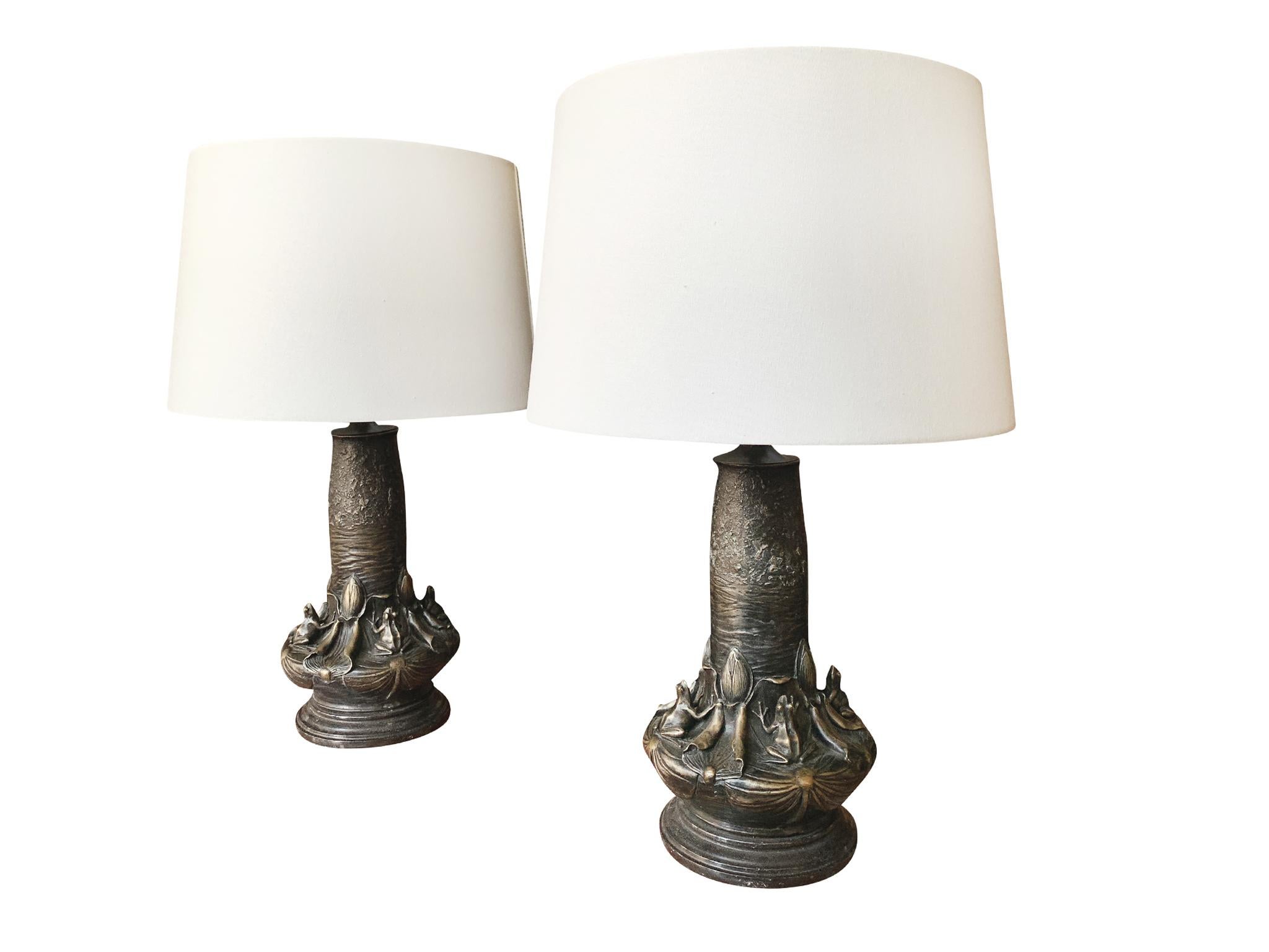 Pair of 20th Century Art Nouveau Style Bronze Table Lamps 1