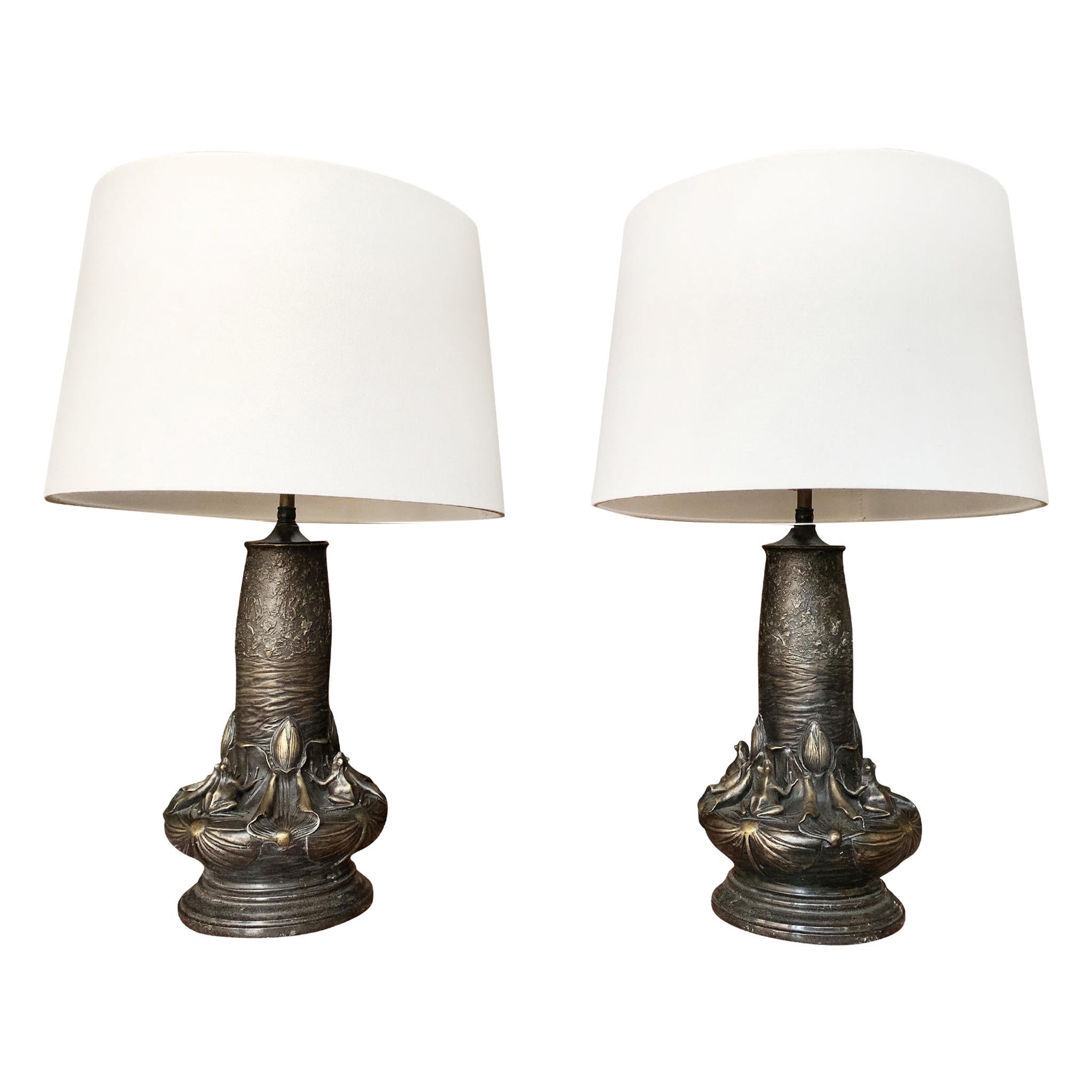 Pair of 20th Century Art Nouveau Style Bronze Table Lamps