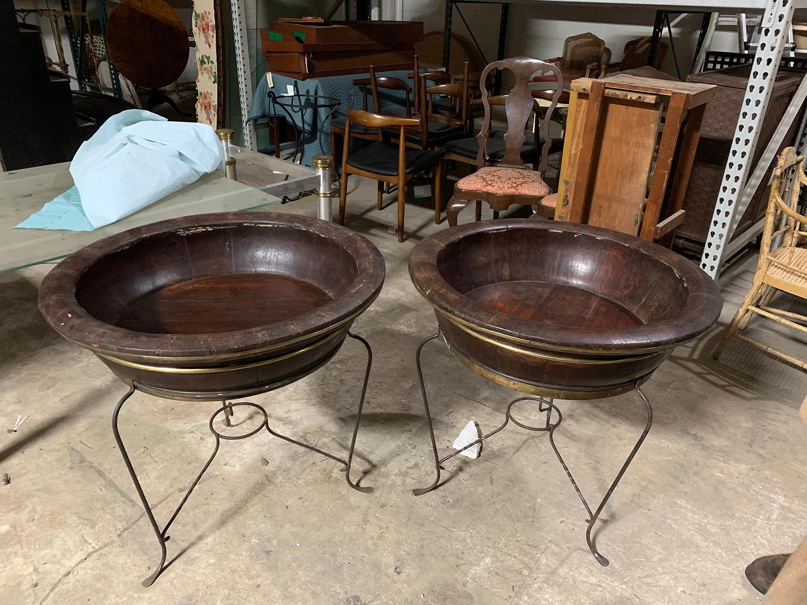Pair of 20th Century Asian Round Wooden Planters on Custom Metal Stands In Good Condition In Atlanta, GA