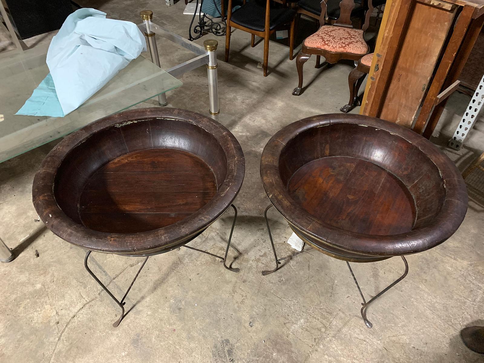 Pair of 20th Century Asian Round Wooden Planters on Custom Metal Stands 1