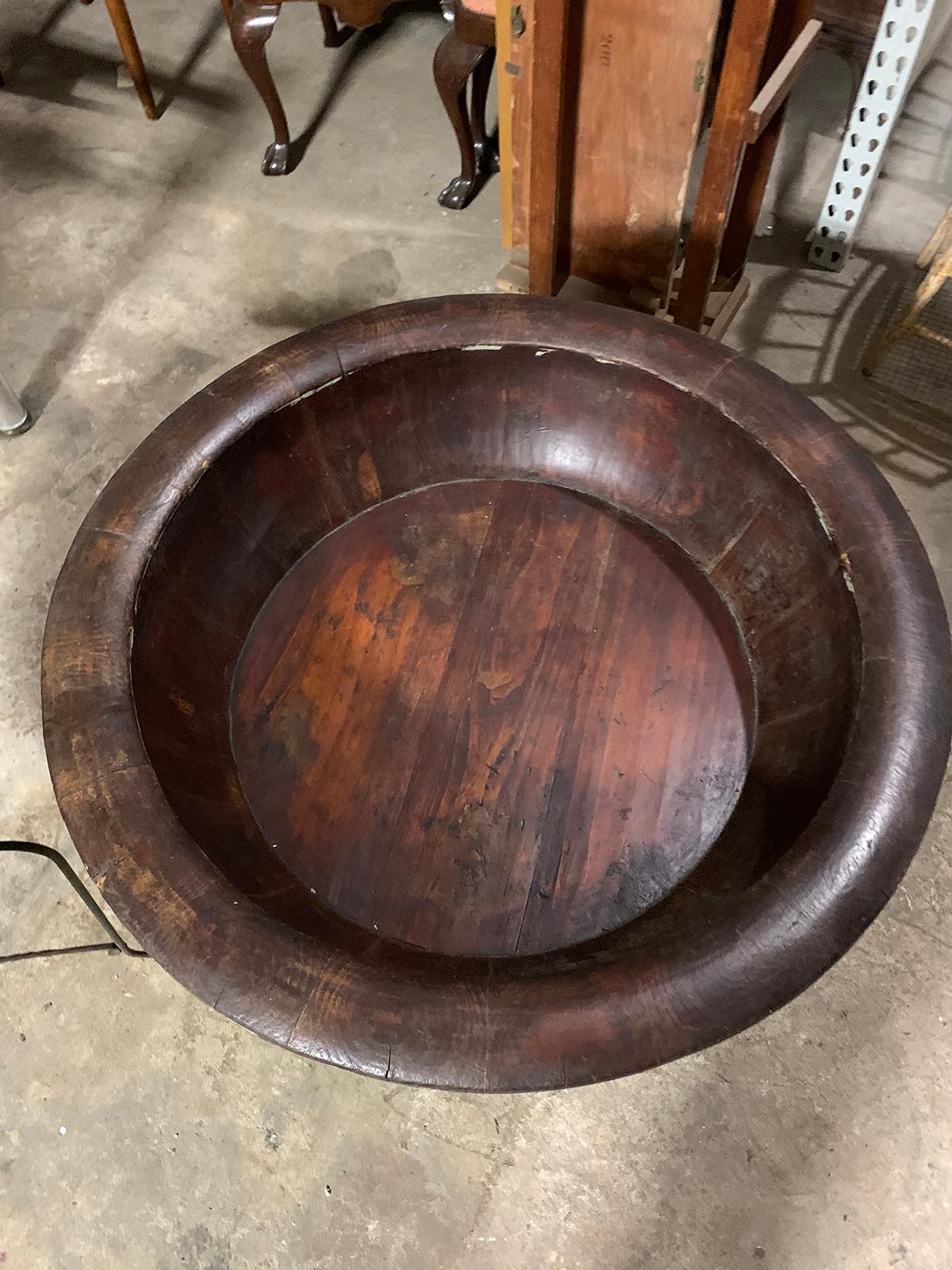 Pair of 20th Century Asian Round Wooden Planters on Custom Metal Stands 4