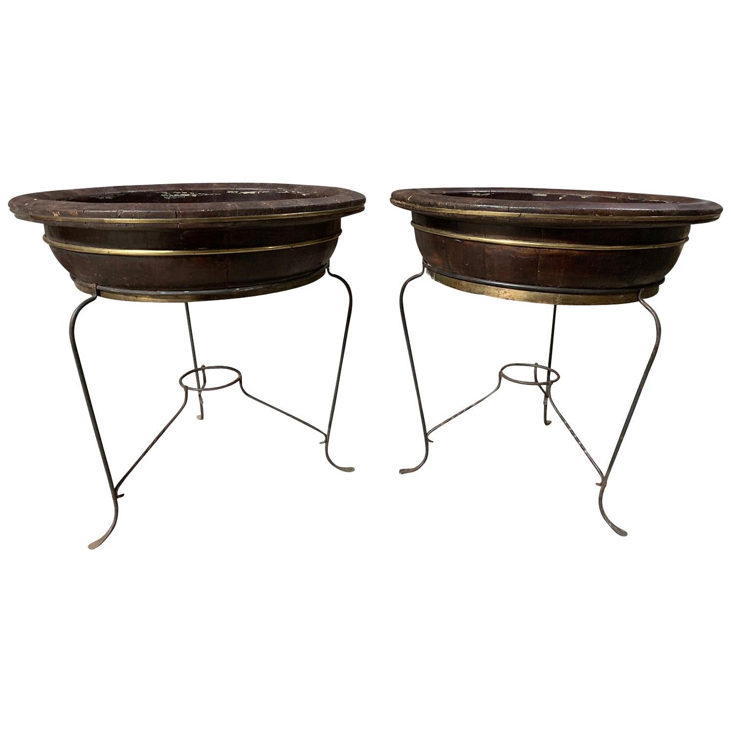 Pair of 20th Century Asian Round Wooden Planters on Custom Metal Stands