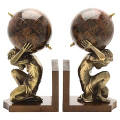 Pair of 20th Century Atlas Globe Bookends Bronze & Wood Figurine of Book Holders