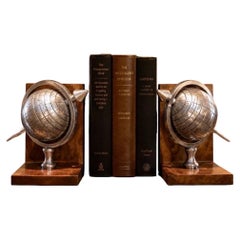 Pair of 20th Century Atlas Globe Bookends Metal & Wood Decorative Book Holders