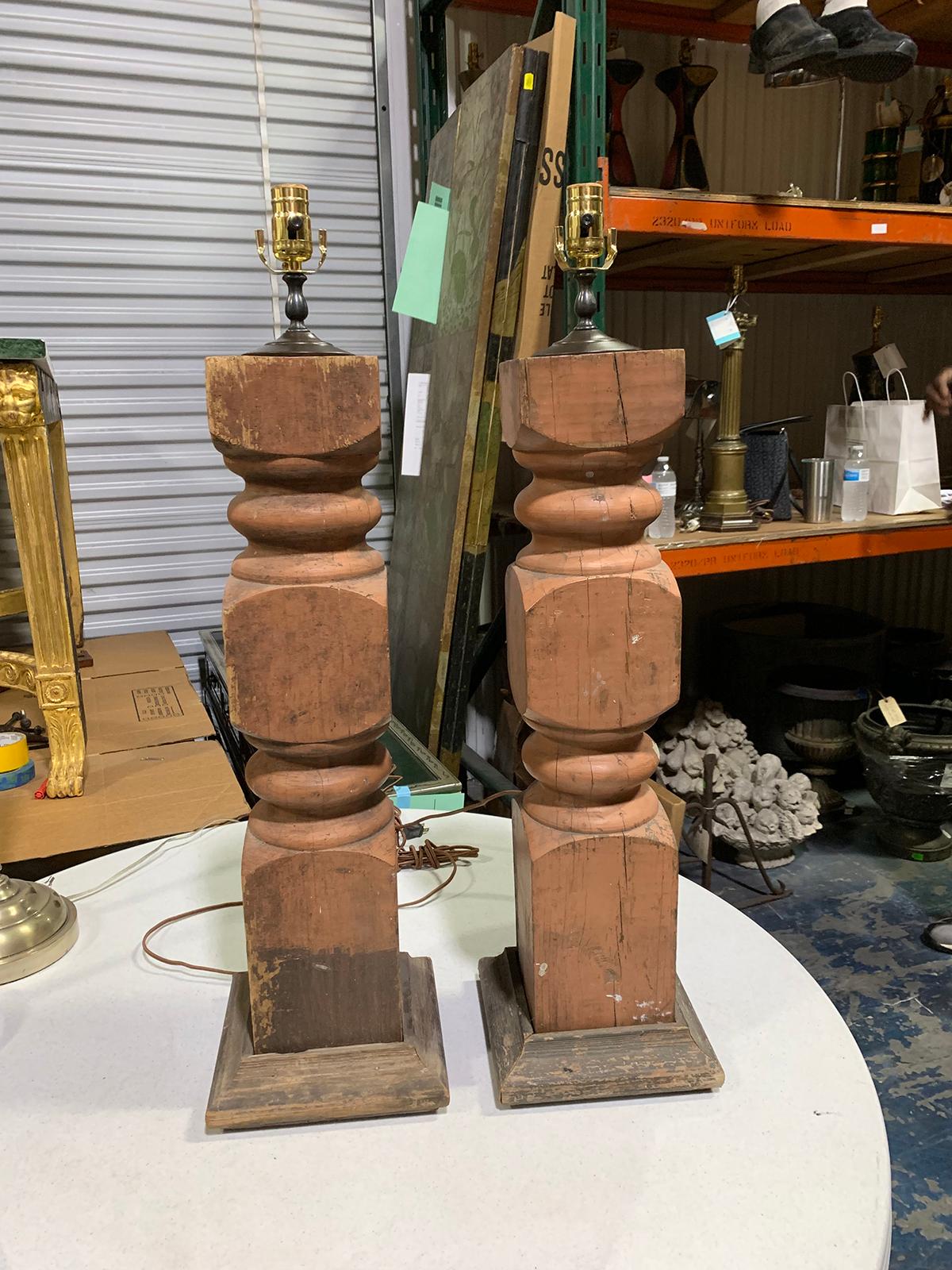 Pair of 20th century balustrades as lamps with old finish.