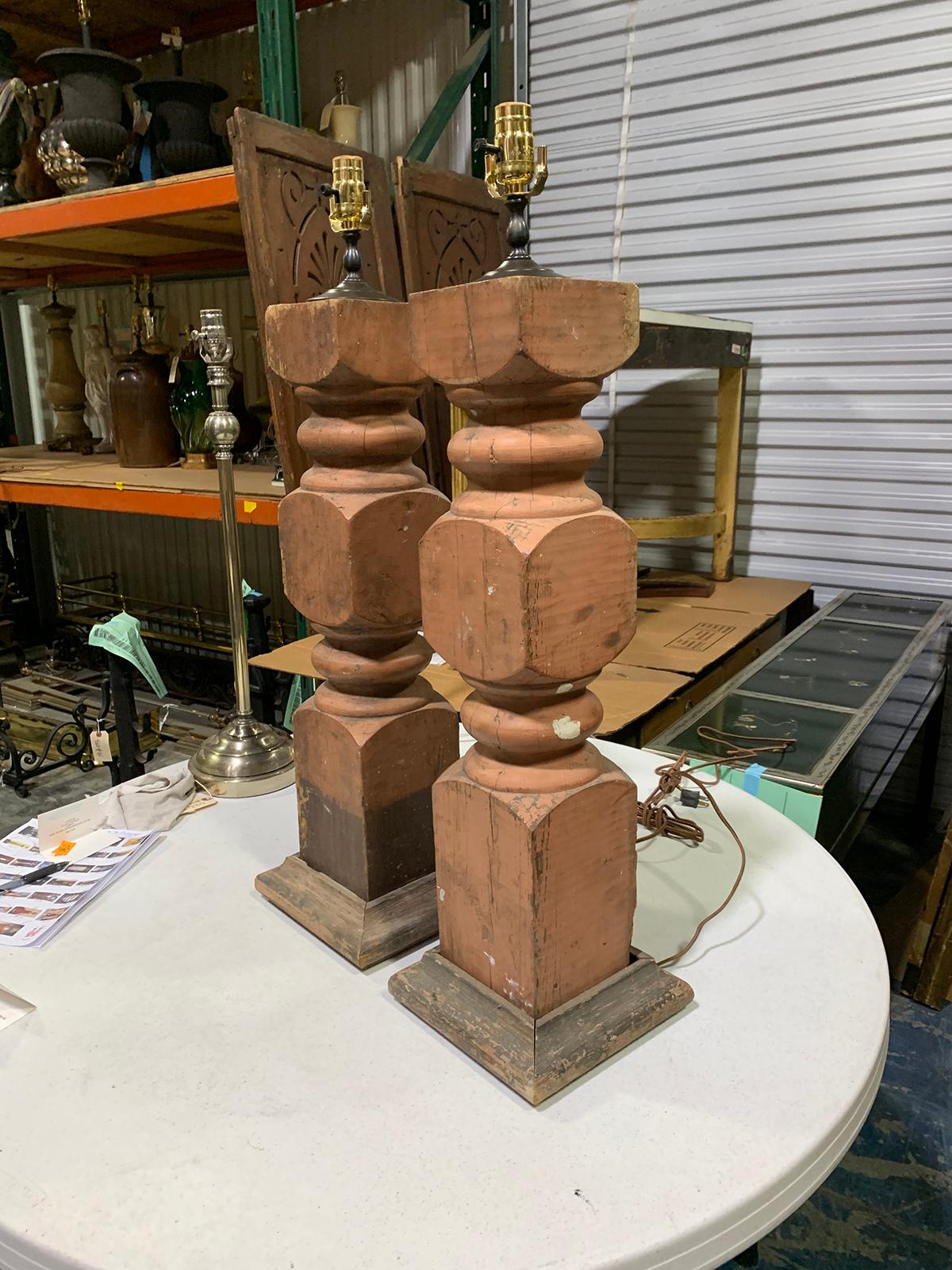 Pair of 20th Century Balustrades as Lamps with Old Finish In Good Condition For Sale In Atlanta, GA