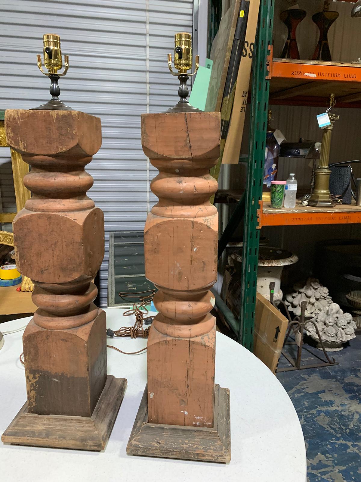 Wood Pair of 20th Century Balustrades as Lamps with Old Finish For Sale