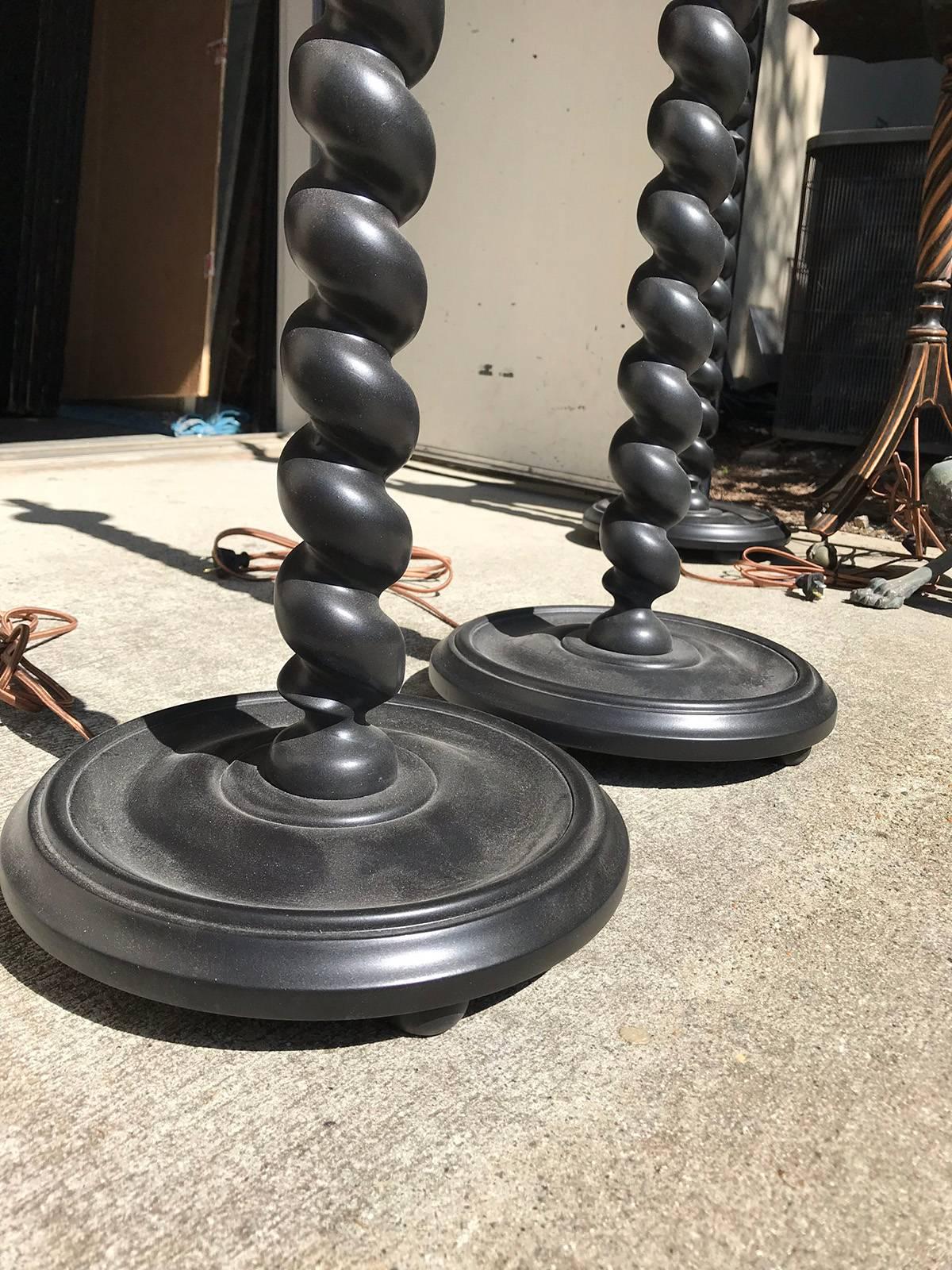 Pair of 20th Century Barley Twist Turned Custom Ebony Wooden Floor Lamps In Good Condition In Atlanta, GA