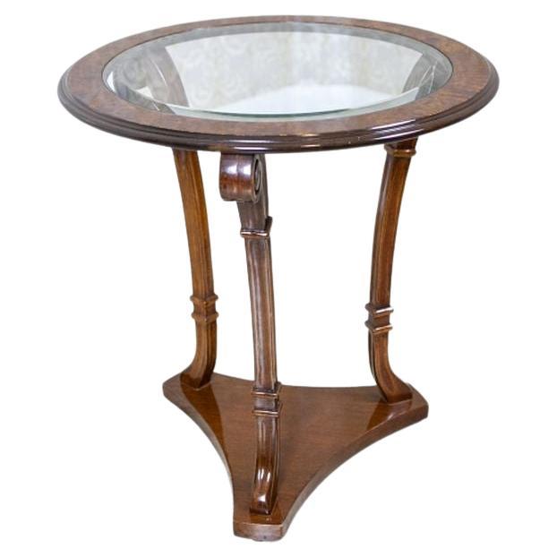 20th-Century Beech and Burlwood Round Side Table With Glass Top