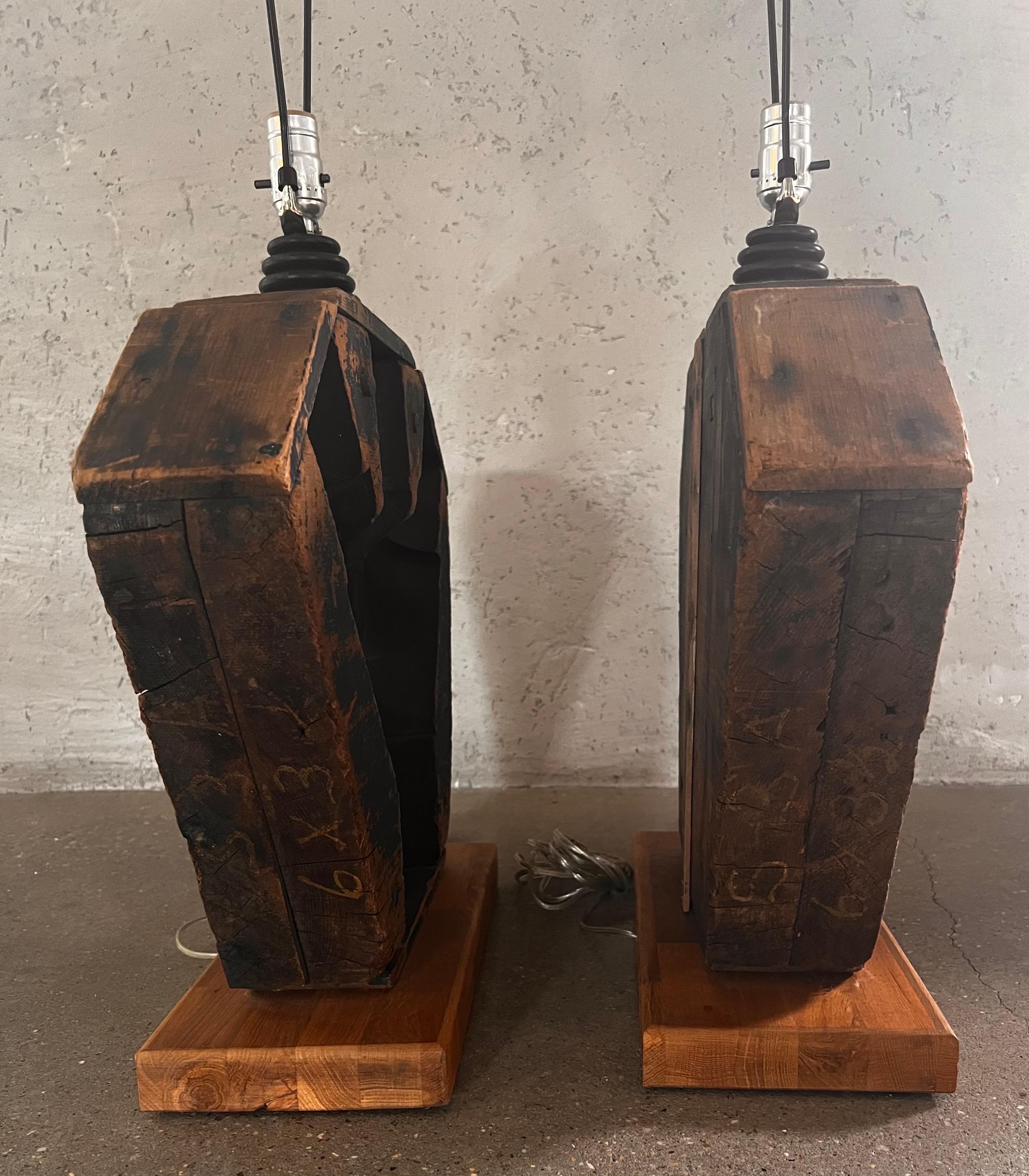 PAIR of 20th Century Belgian Wooden Gear Lamps with Shades  1