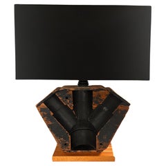 PAIR of 20th Century Belgian Wooden Gear Lamps with Shades