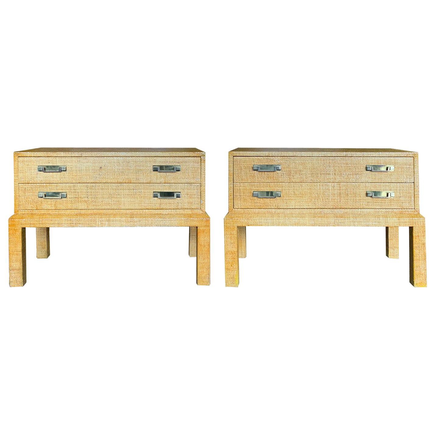 Pair of 20th Century Bielecky Brothers Style Raffia Covered Side Tables For Sale