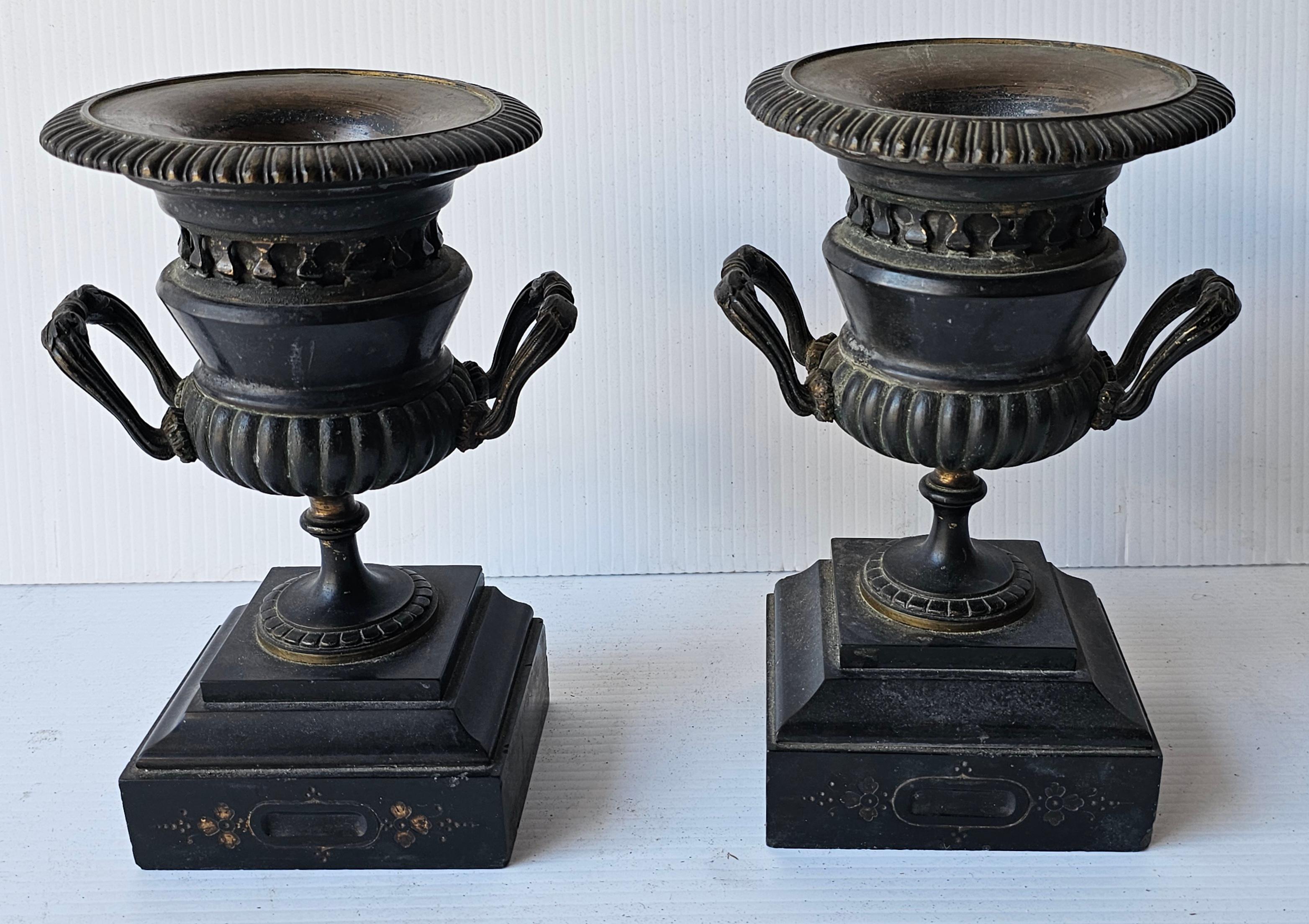 Pair of 19th Century renaissance style Black Painted patinated Bronze and Slate Urns / mantlepieces
Measures 7