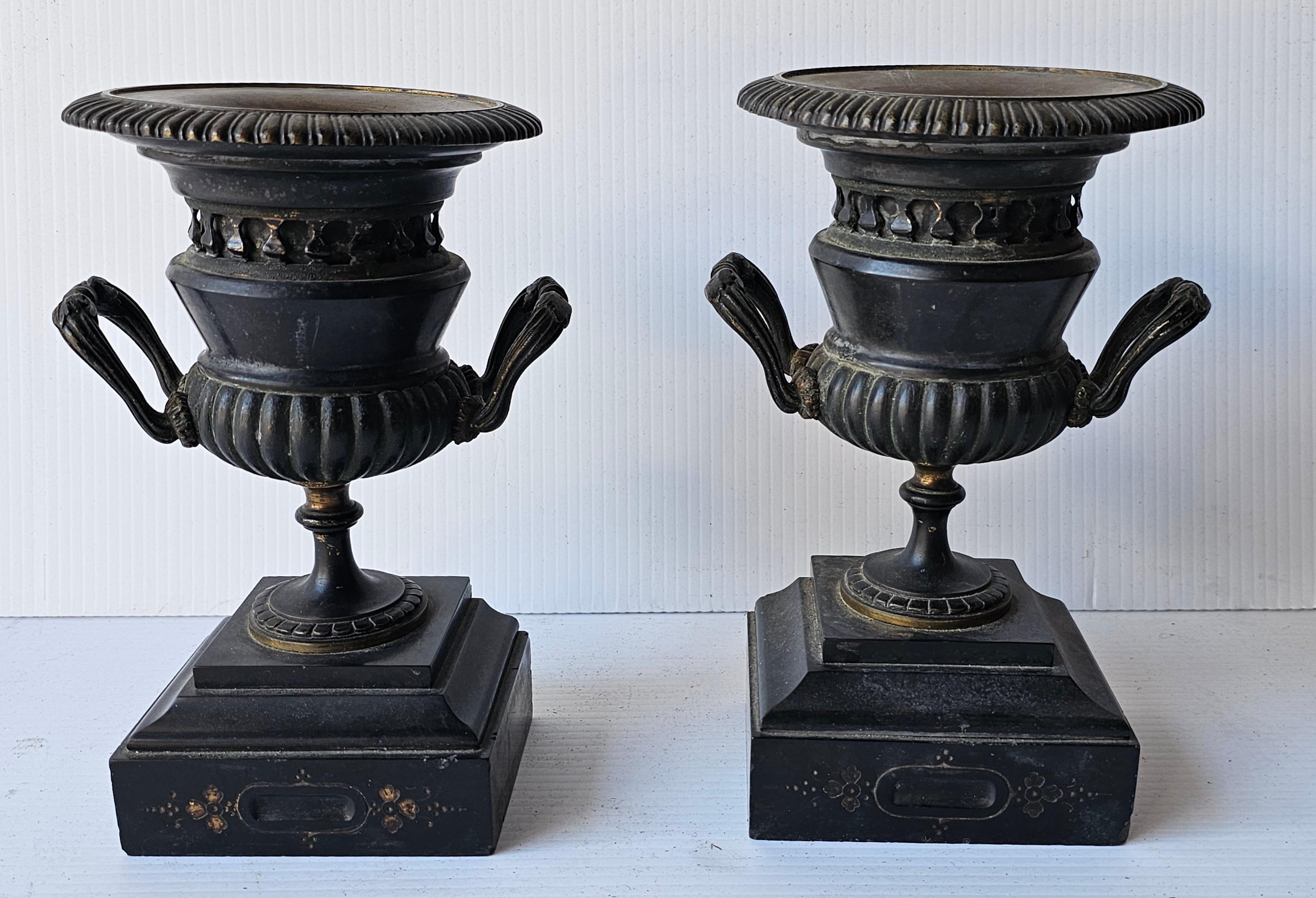 Renaissance Pair of 20th Century Black Painted Bronze and Slate Urns Mantlepieces For Sale