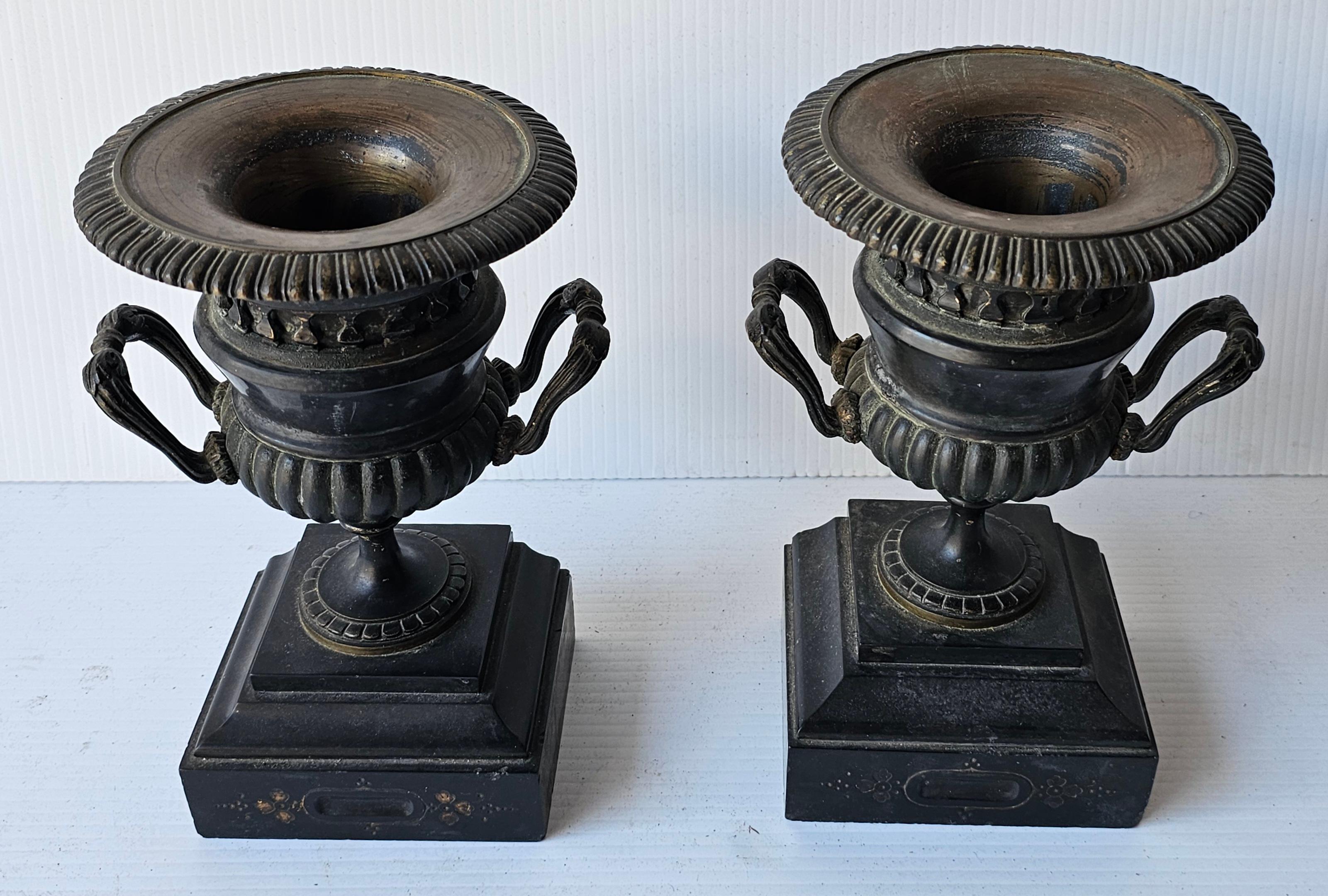 Unknown Pair of 20th Century Black Painted Bronze and Slate Urns Mantlepieces For Sale