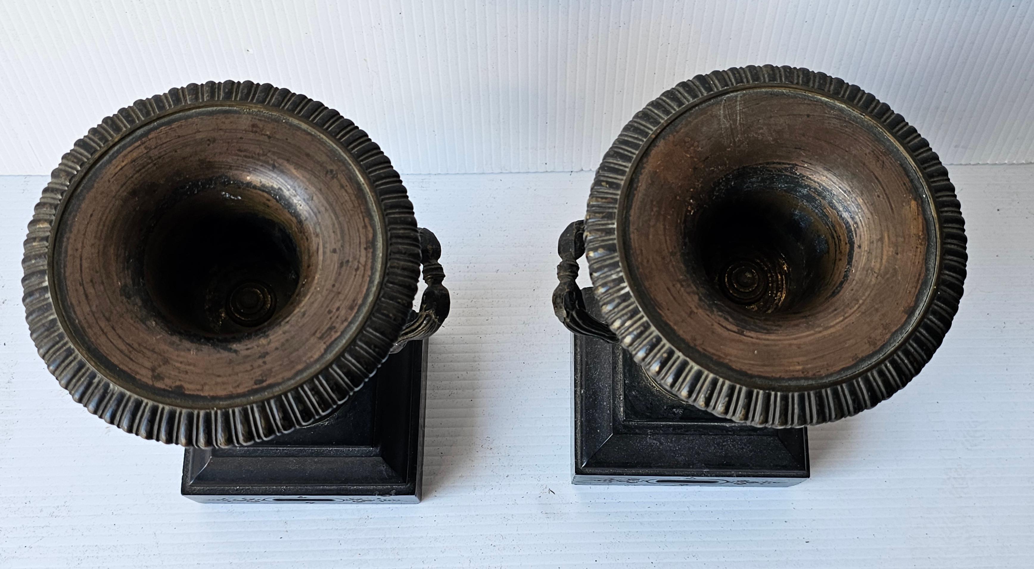 Pair of 20th Century Black Painted Bronze and Slate Urns Mantlepieces In Good Condition For Sale In Germantown, MD