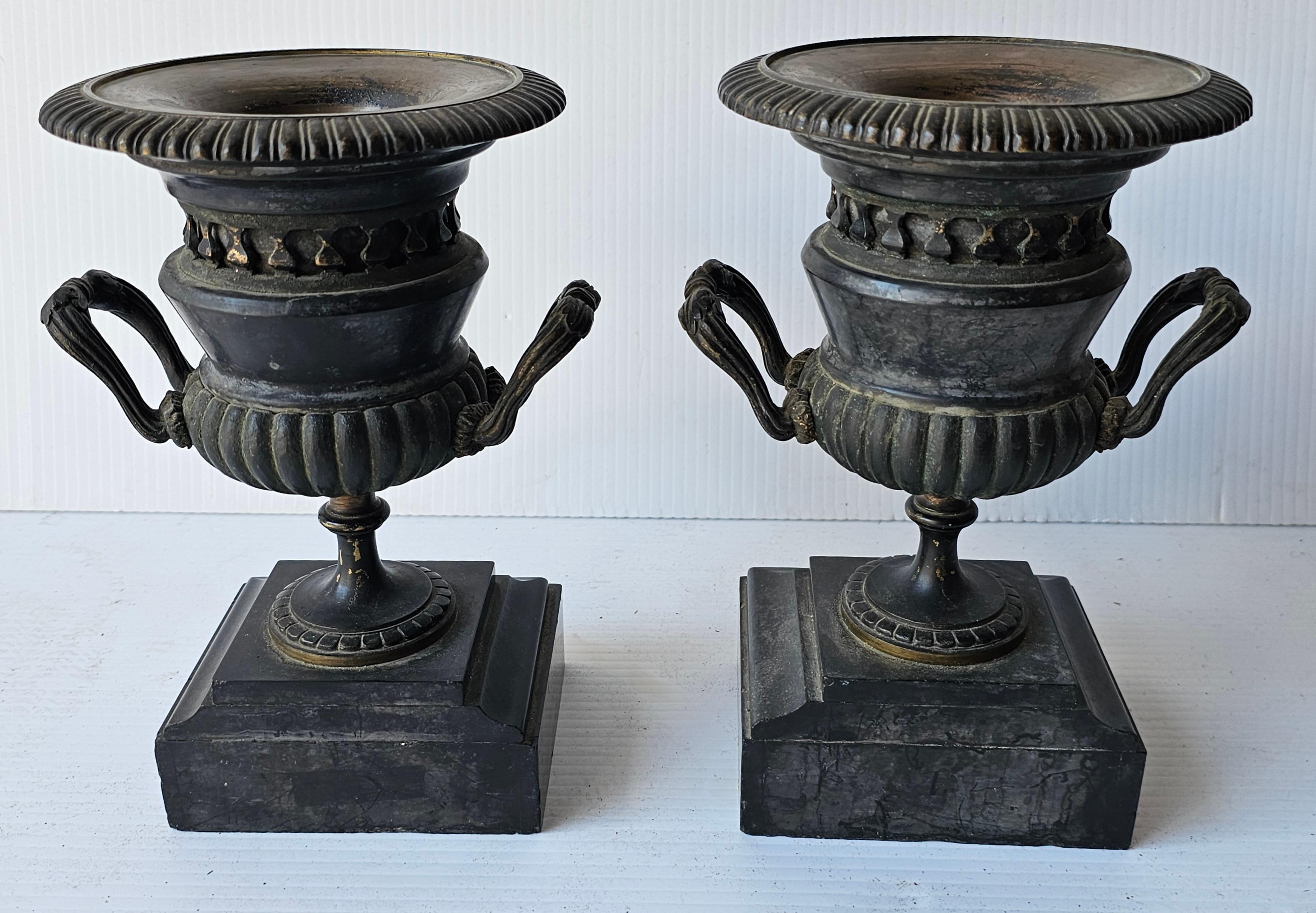 Pair of 20th Century Black Painted Bronze and Slate Urns Mantlepieces For Sale 3