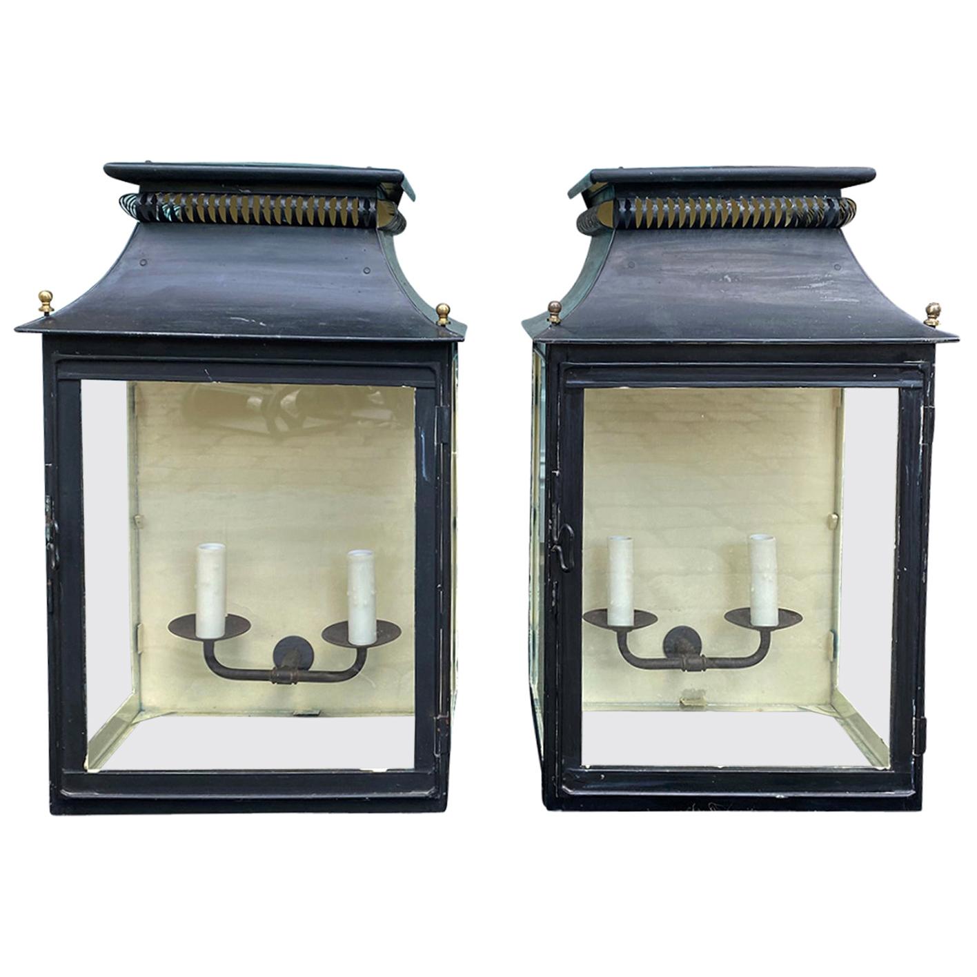 Pair of 20th Century Black Tole Wall Mount Lanterns or Carriage Lights