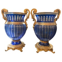 Vintage Pair of 20th Century Blue Bohemian Crystal Urns