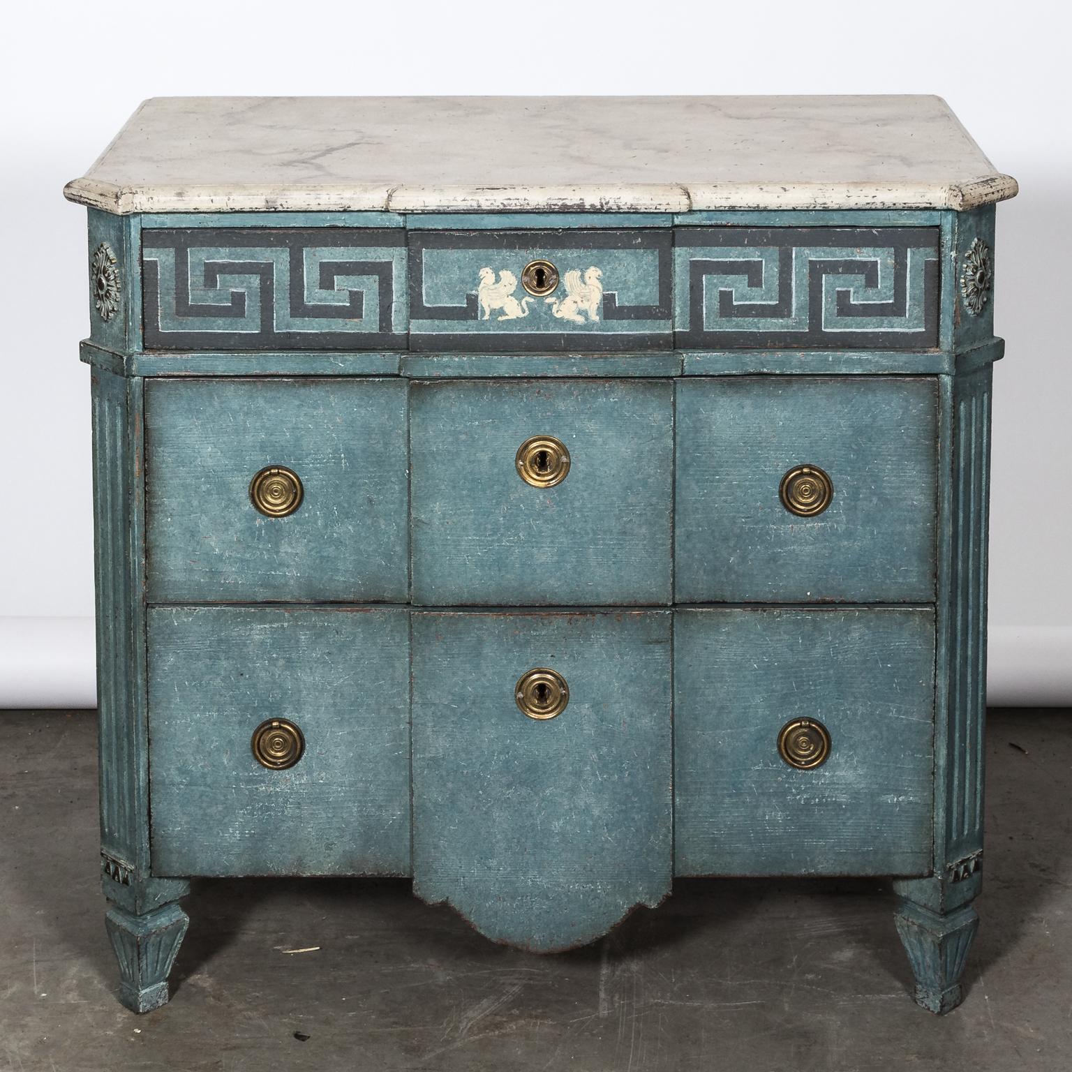 Pair of 20th Century Blue Painted Gustavian Commodes For Sale 2
