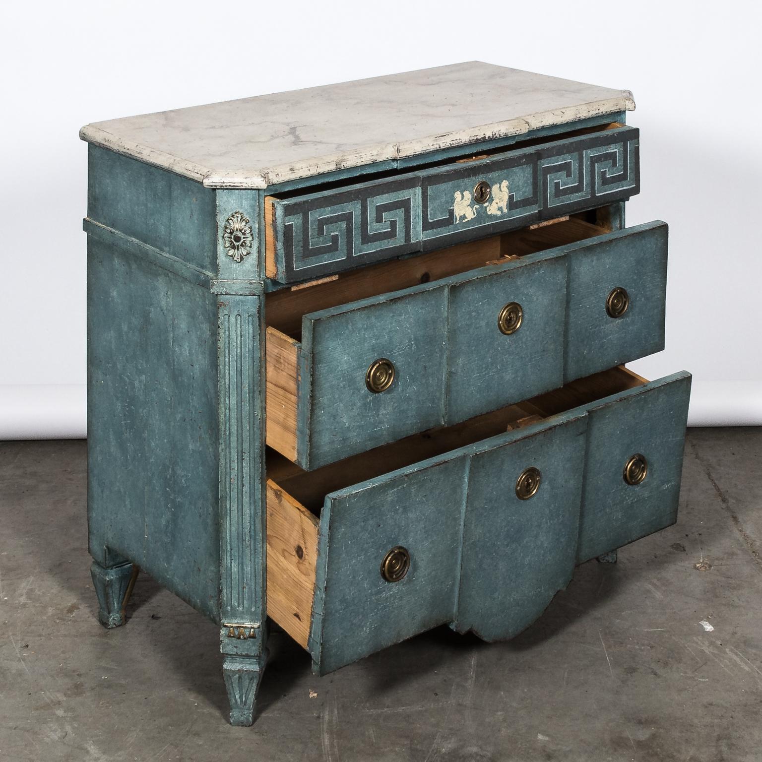 Pair of 20th Century Blue Painted Gustavian Commodes For Sale 4