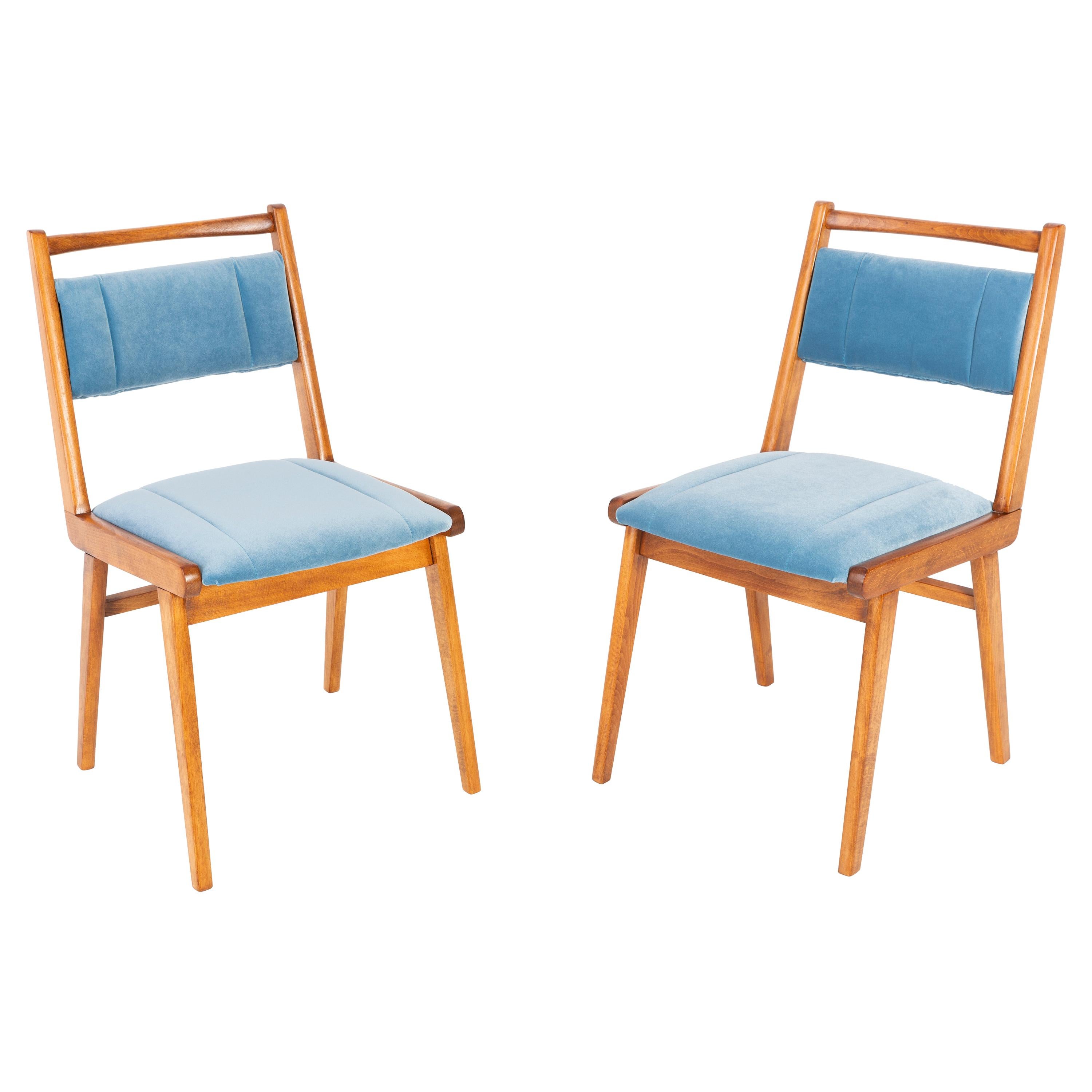 Pair of 20th Century Blue Velvet Chairs, Poland, 1960s For Sale