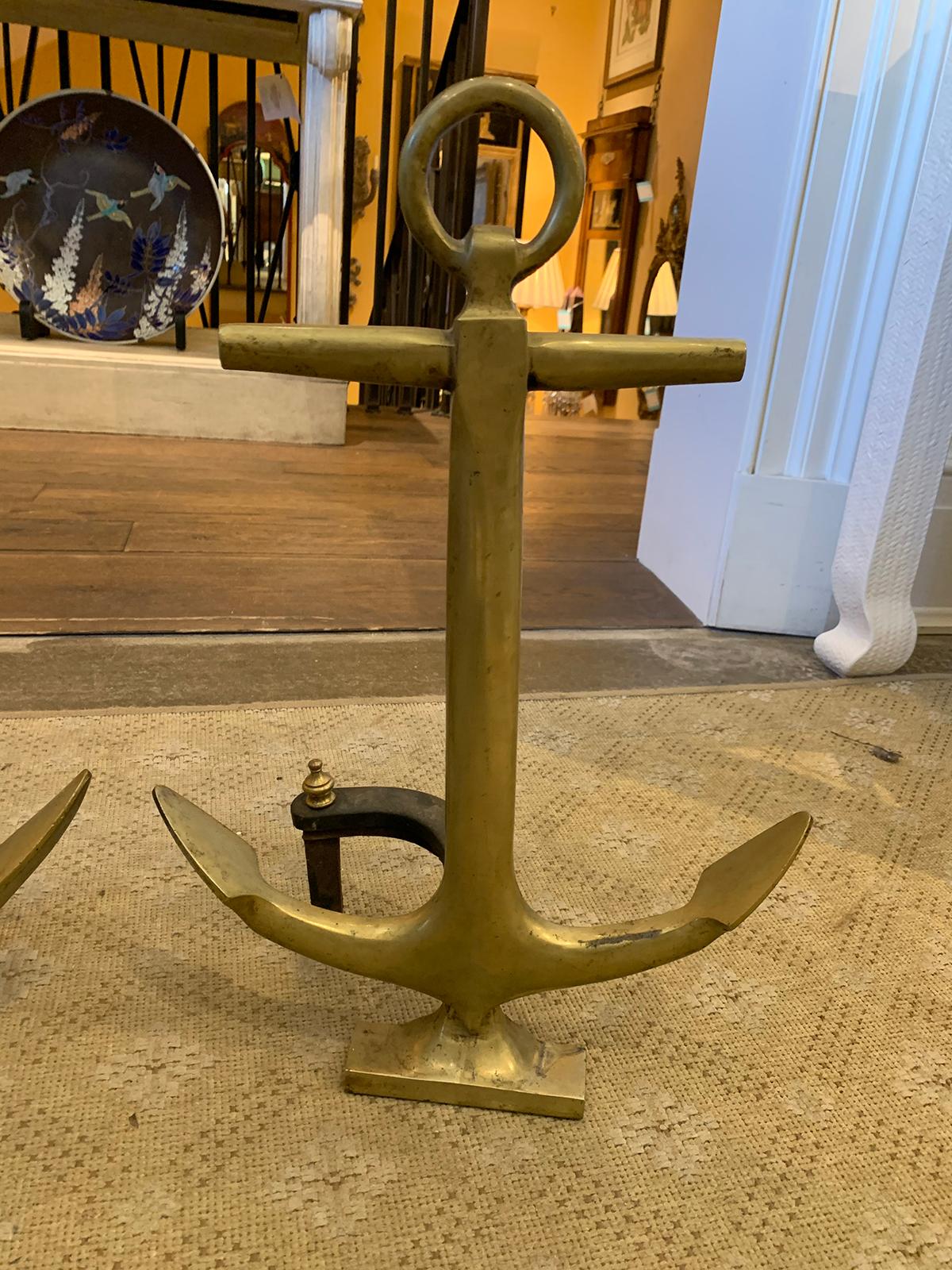 Pair of 20th Century Brass Anchor Andirons 8